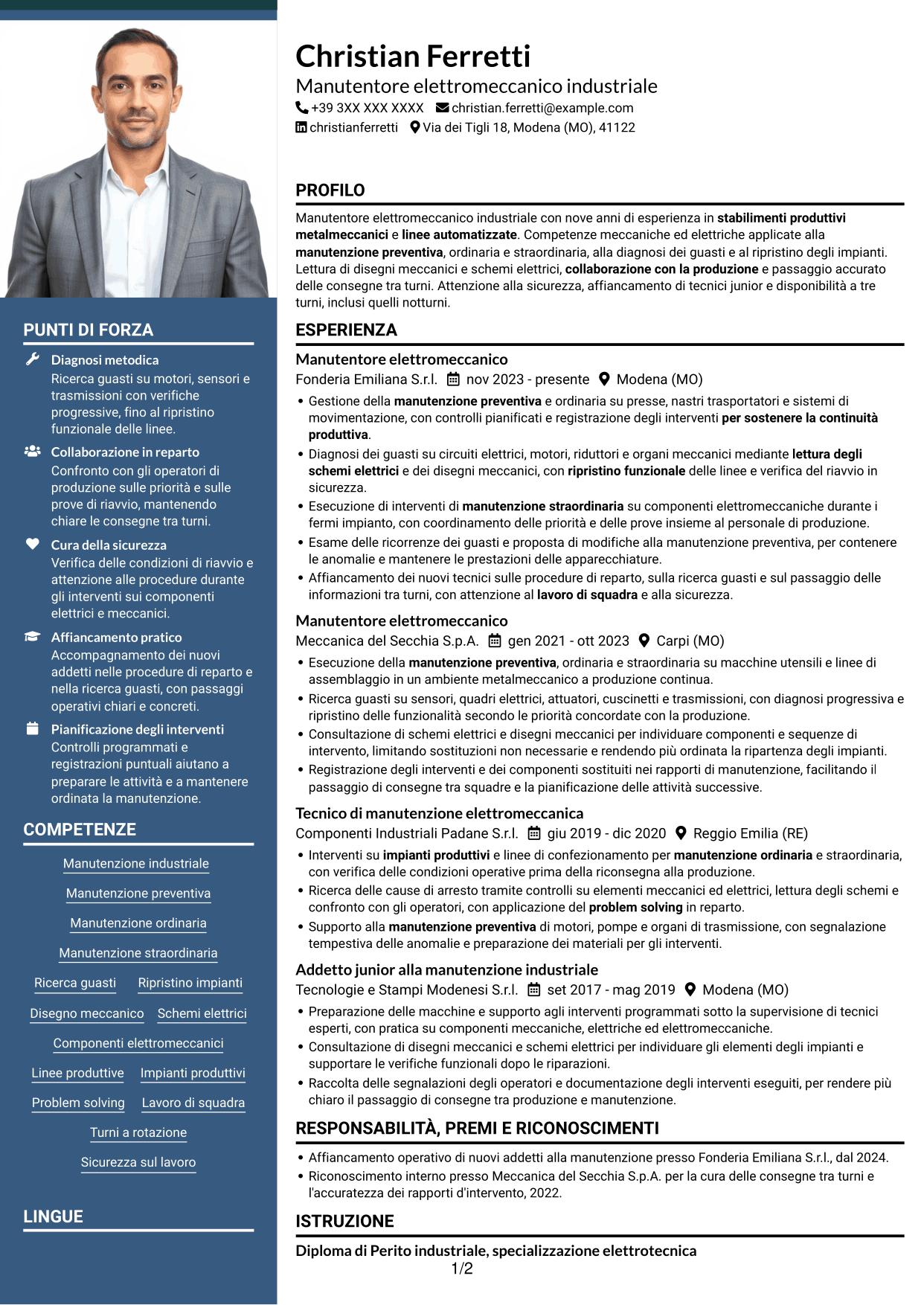 CV Signature (formato con colonna laterale colorata e foto grande): Manutentore Elettromeccanico Industriale, pagina 1