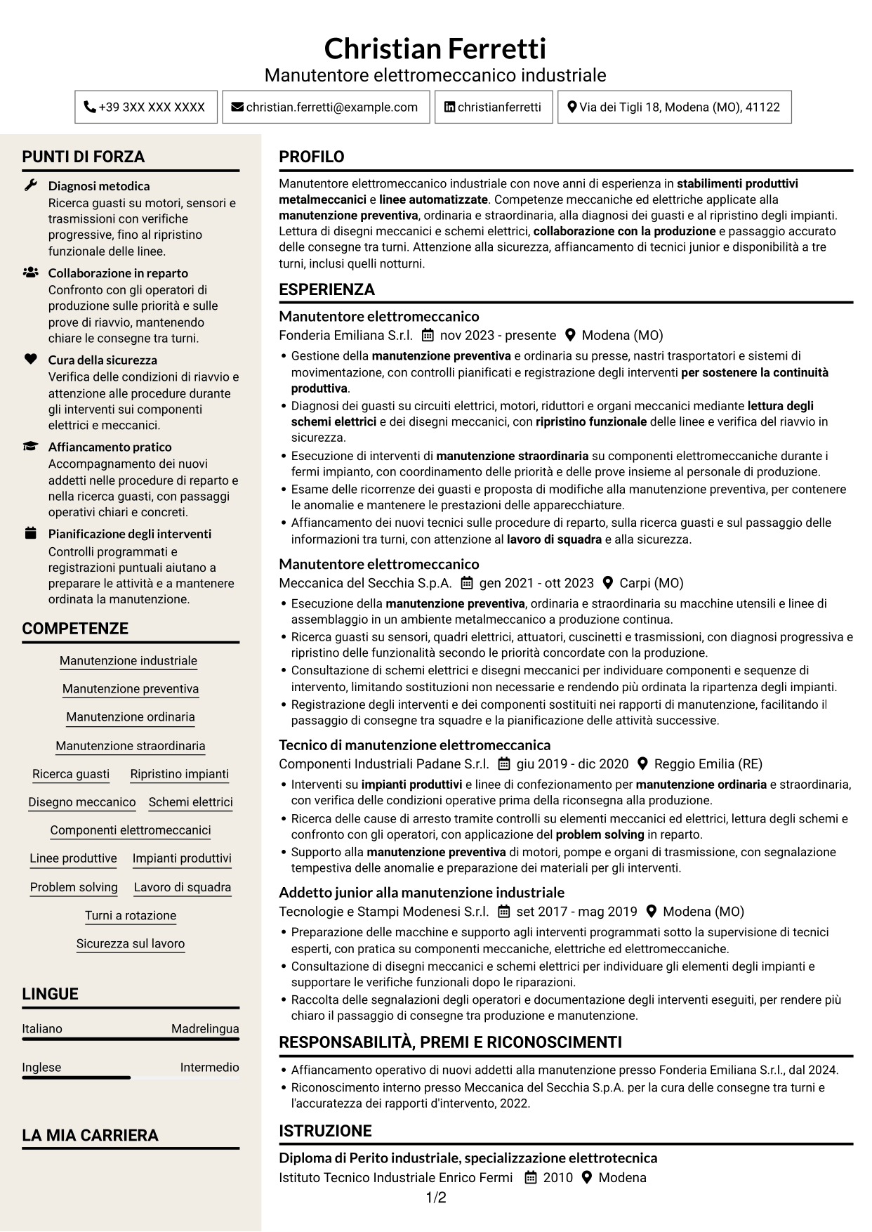 CV Intraprendente (formato a due colonne con intestazione centrata senza foto): Manutentore Elettromeccanico Industriale, pagina 1