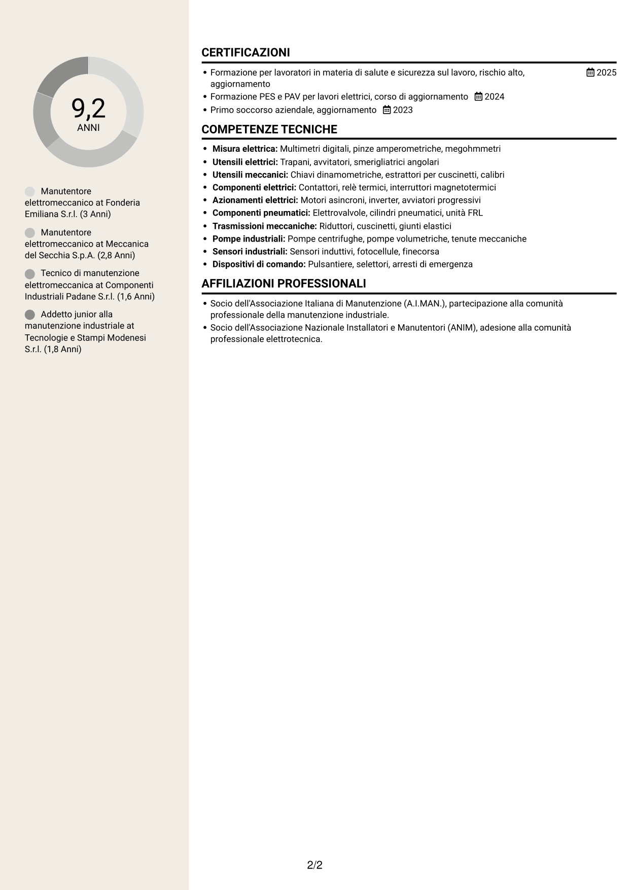 CV Intraprendente (formato a due colonne con intestazione centrata senza foto): Manutentore Elettromeccanico Industriale, pagina 2