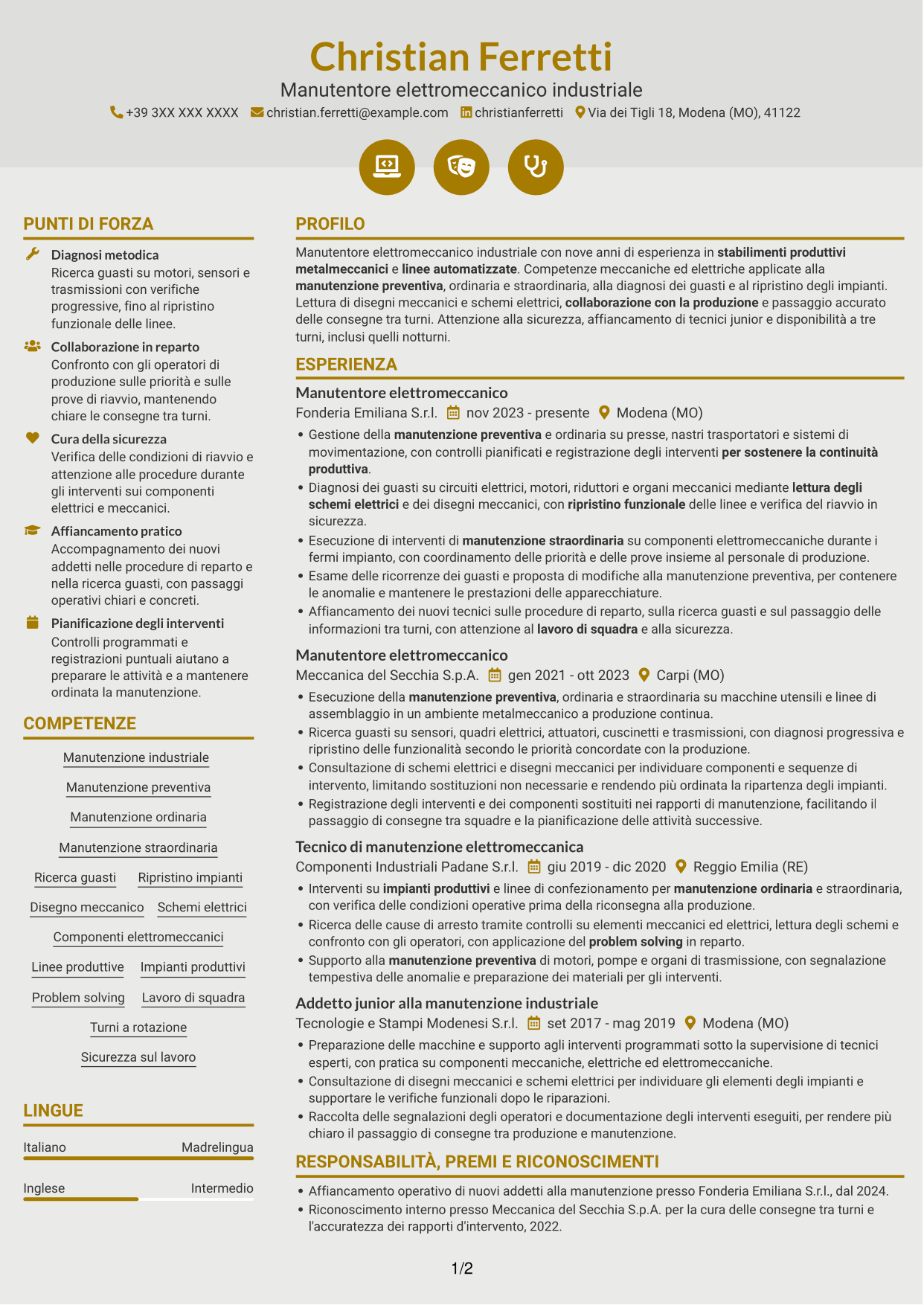 CV Dinamico (formato a due colonne con icone): Manutentore Elettromeccanico Industriale, pagina 1