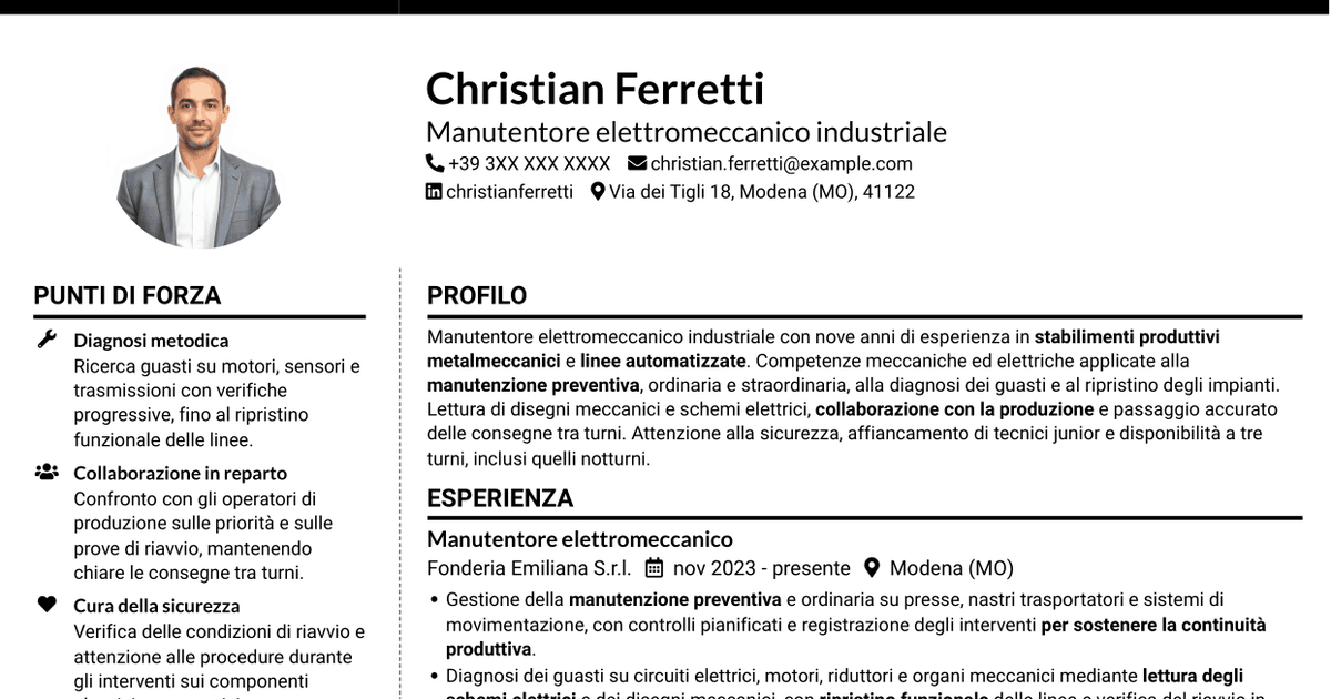 7 modelli di CV per Manutentore Elettromeccanico Industriale, con esempi