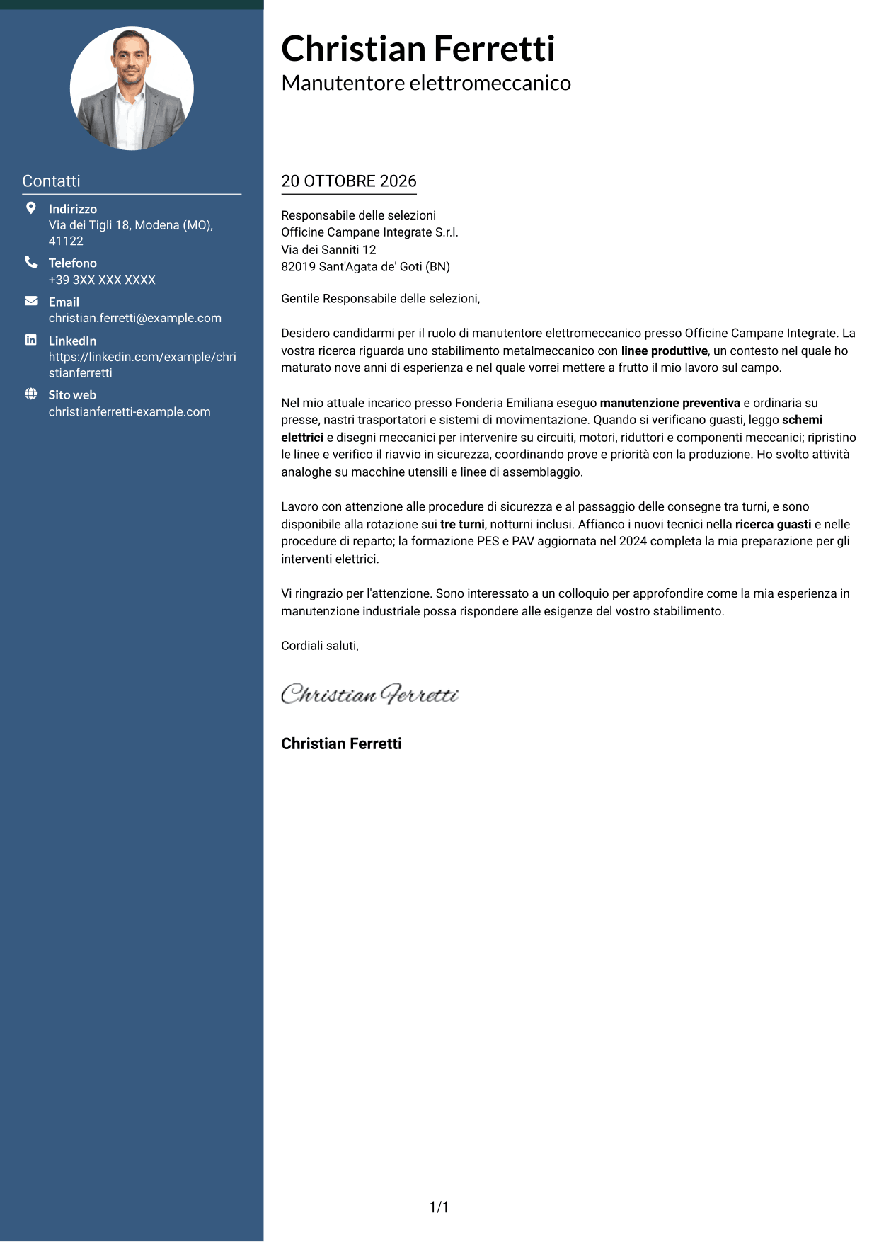 Lettera di presentazione Elegante (formato con colonna laterale colorata e foto): Manutentore Elettromeccanico Industriale, pagina 1