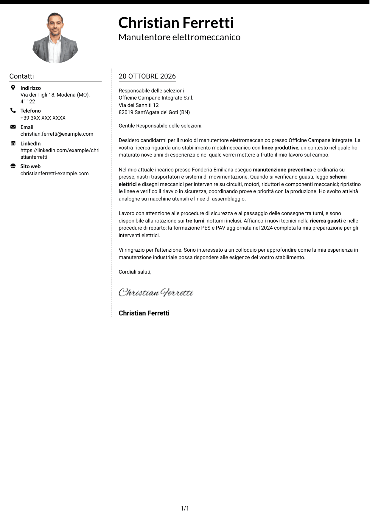 Lettera di presentazione Moderno (formato a due colonne con foto a sinistra e separatore): Manutentore Elettromeccanico Industriale, pagina 1