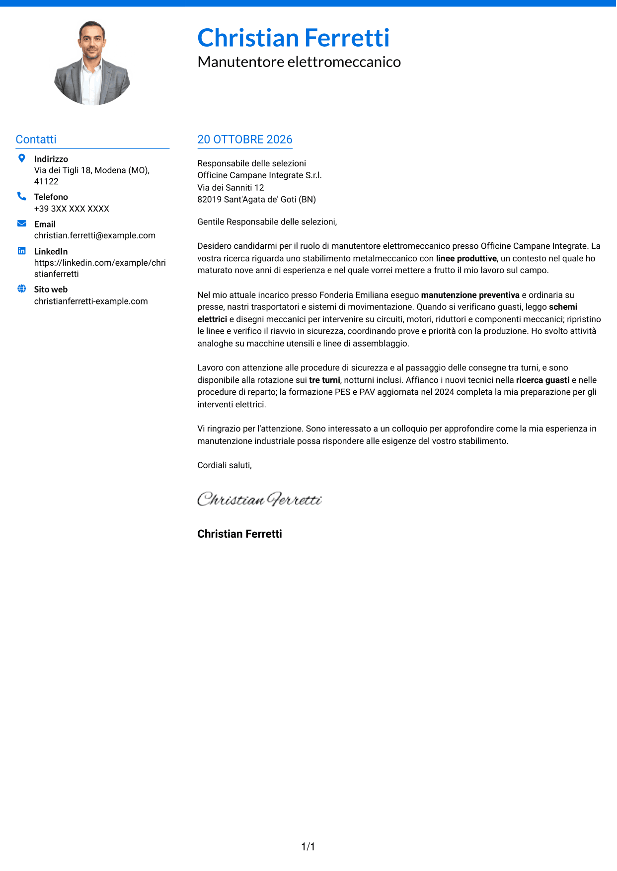 Lettera di presentazione Audace (formato a due colonne con accenti colorati e foto): Manutentore Elettromeccanico Industriale, pagina 1