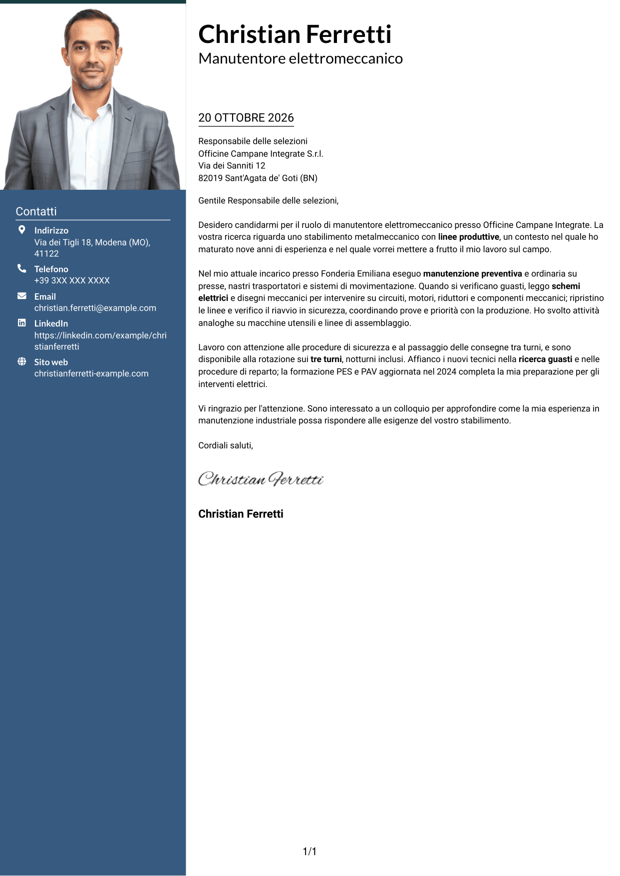 Lettera di presentazione Signature (formato con colonna laterale colorata e foto grande): Manutentore Elettromeccanico Industriale, pagina 1