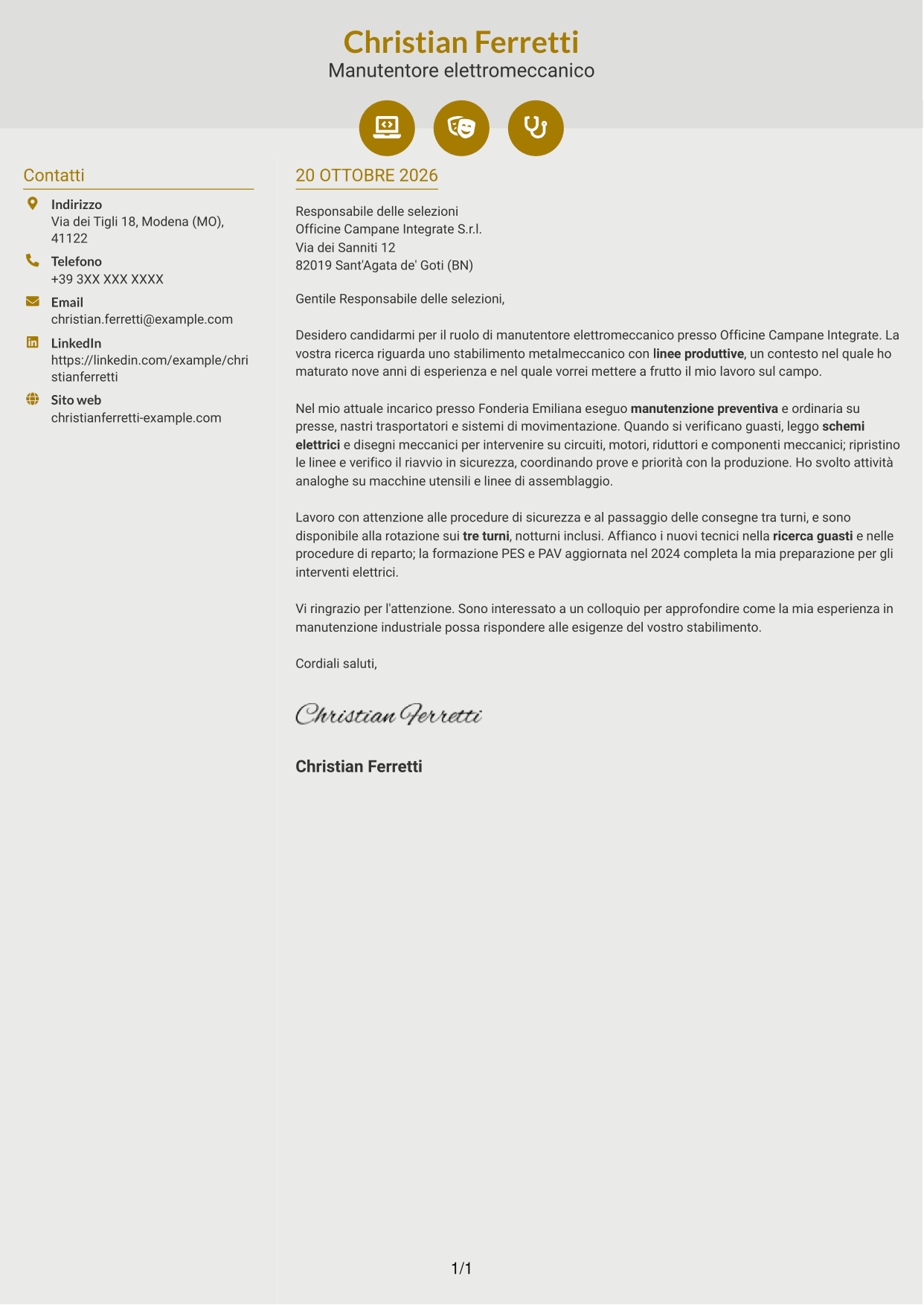Lettera di presentazione Dinamico (formato a due colonne con icone): Manutentore Elettromeccanico Industriale, pagina 1
