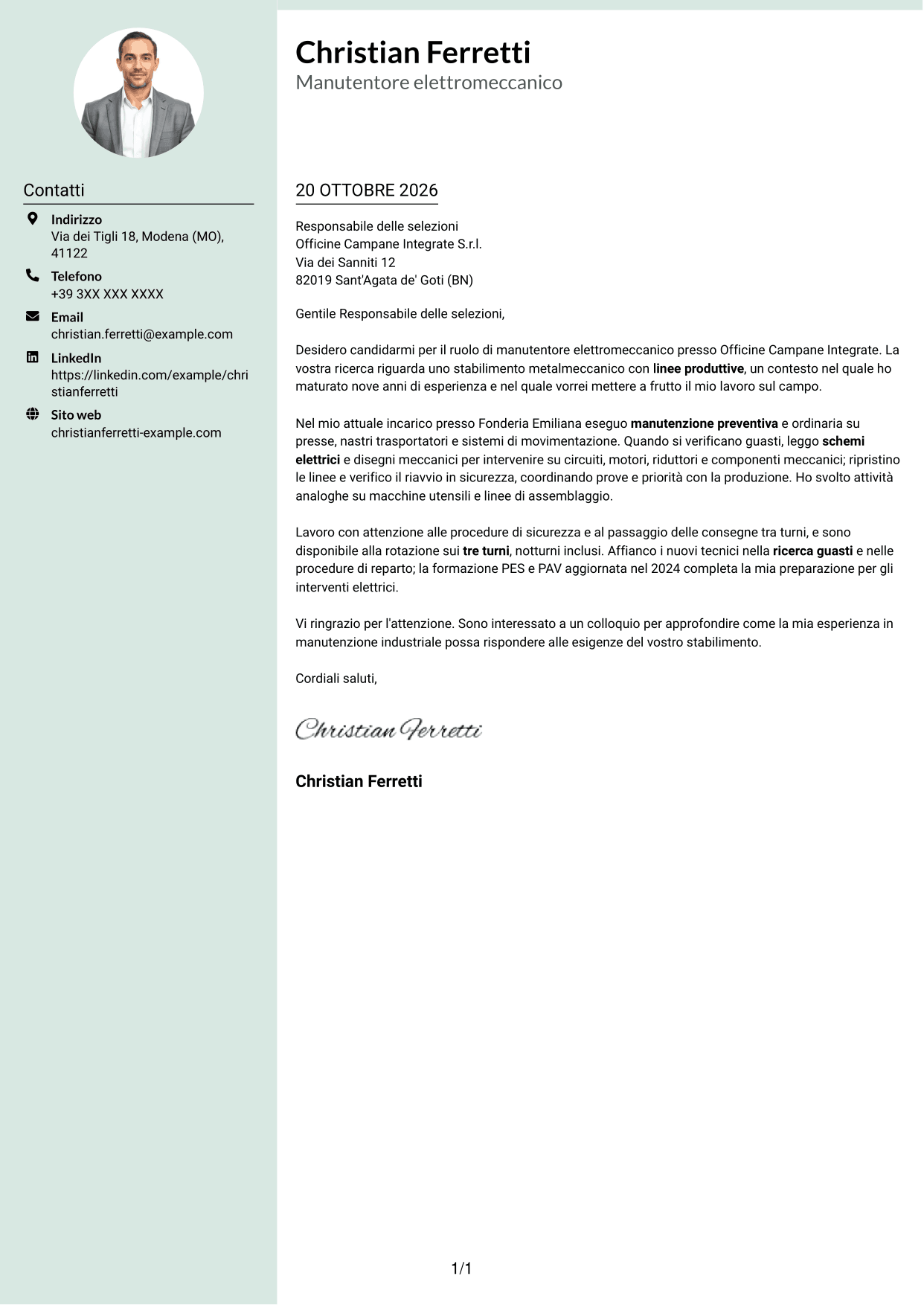 Lettera di presentazione Dirigente (formato con colonna laterale tenue e foto arrotondata): Manutentore Elettromeccanico Industriale, pagina 1