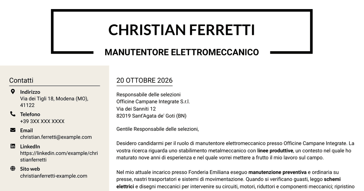 7 modelli di lettera di presentazione per Manutentore Elettromeccanico Industriale, con esempi