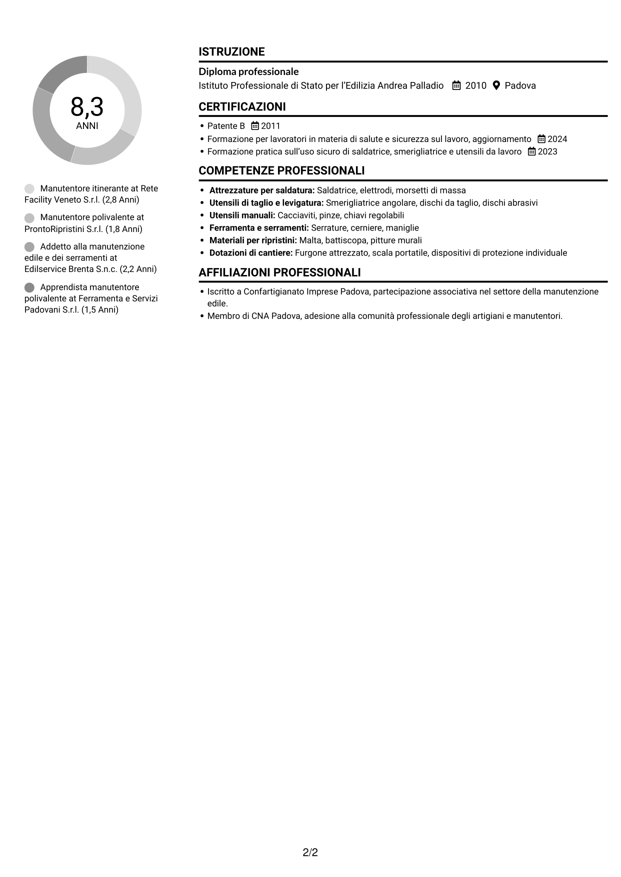 CV Compatto (formato sobrio a due colonne con foto): Manutentore Itinerante - Manutenzione edile e serramenti, pagina 2