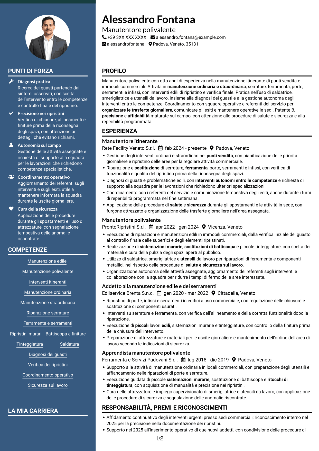 CV Elegante (formato con colonna laterale colorata e foto): Manutentore Itinerante - Manutenzione edile e serramenti, pagina 1