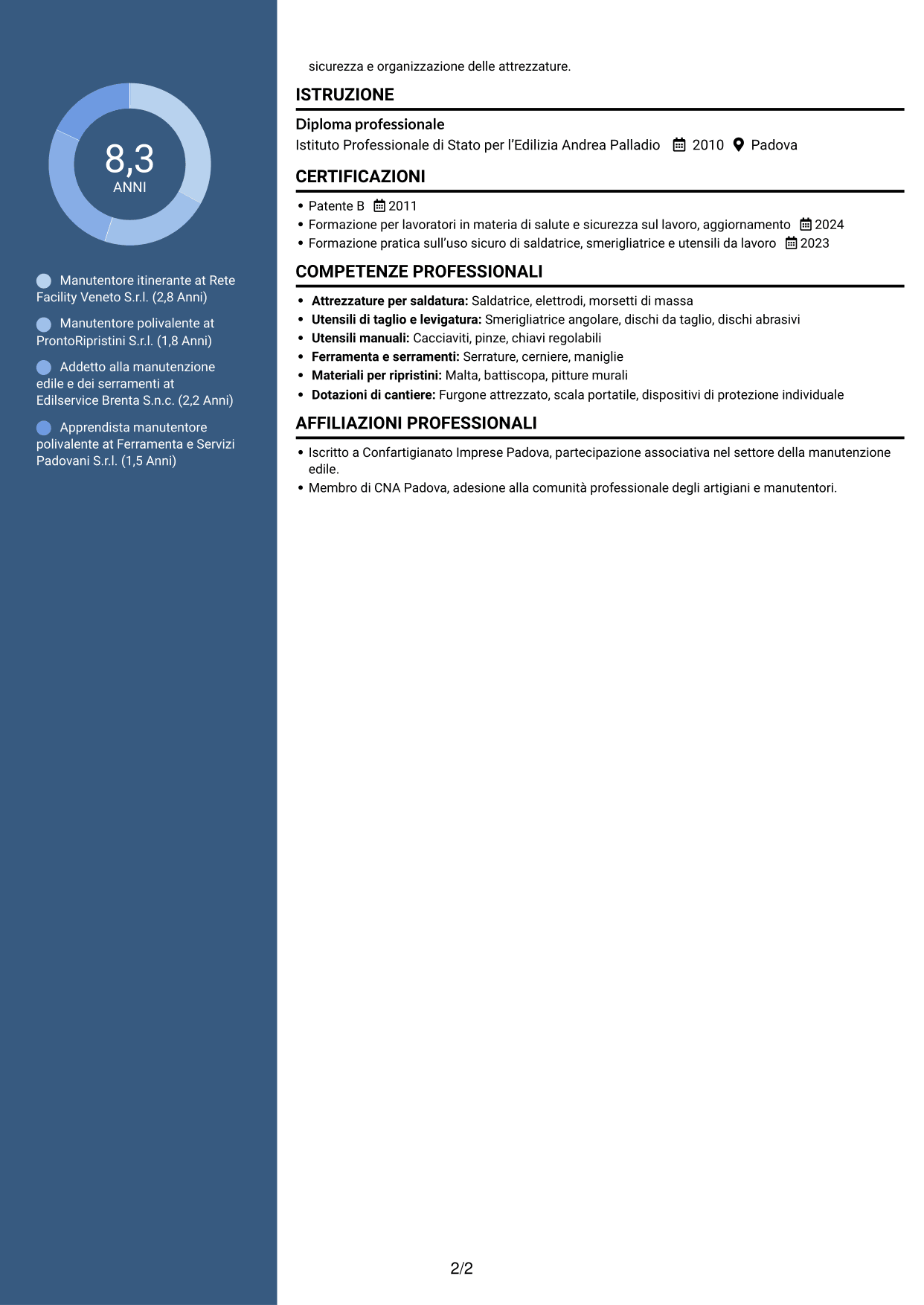 CV Elegante (formato con colonna laterale colorata e foto): Manutentore Itinerante - Manutenzione edile e serramenti, pagina 2