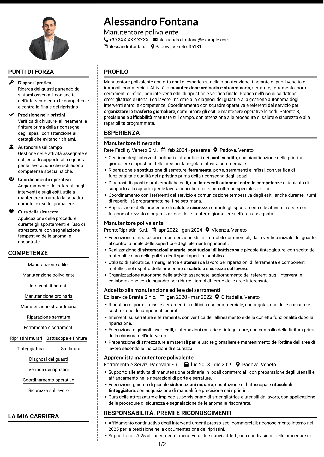CV Moderno (formato a due colonne con foto a sinistra e separatore): Manutentore Itinerante - Manutenzione edile e serramenti, pagina 1
