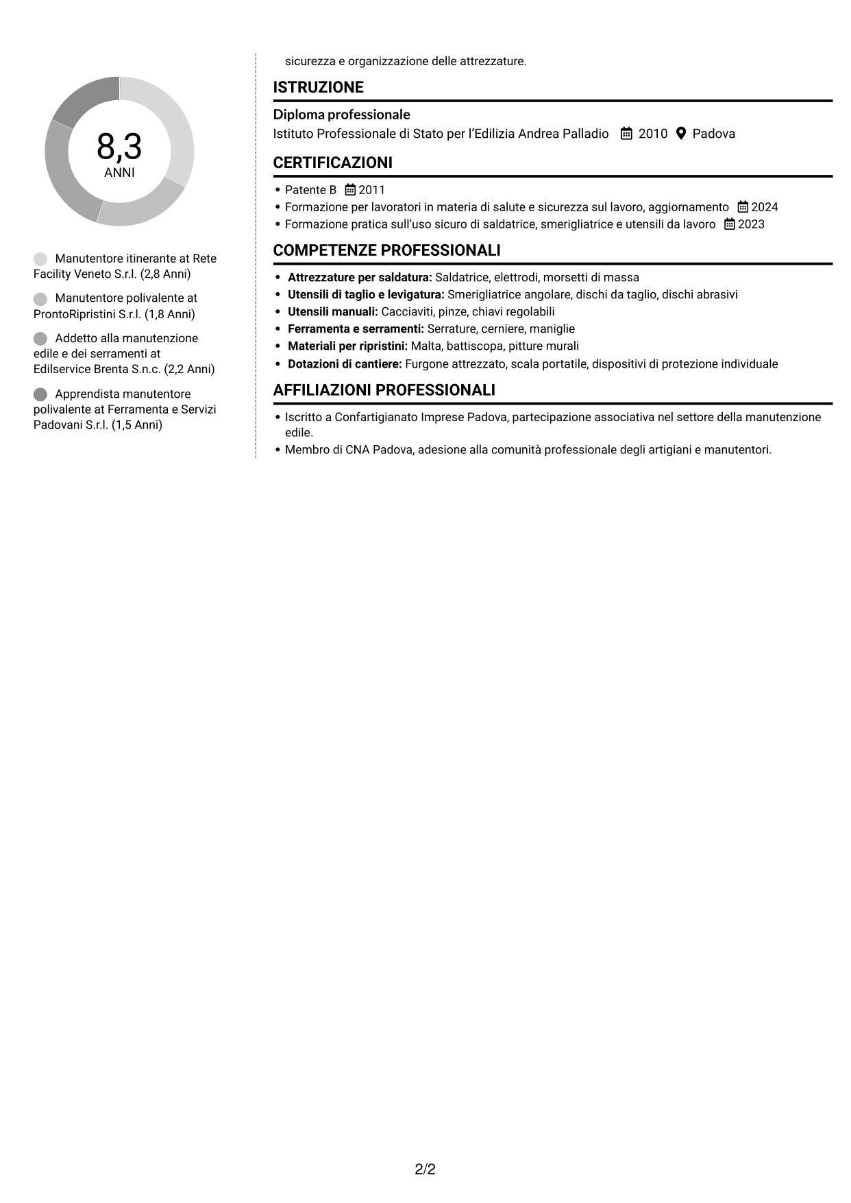 CV Moderno (formato a due colonne con foto a sinistra e separatore): Manutentore Itinerante - Manutenzione edile e serramenti, pagina 2