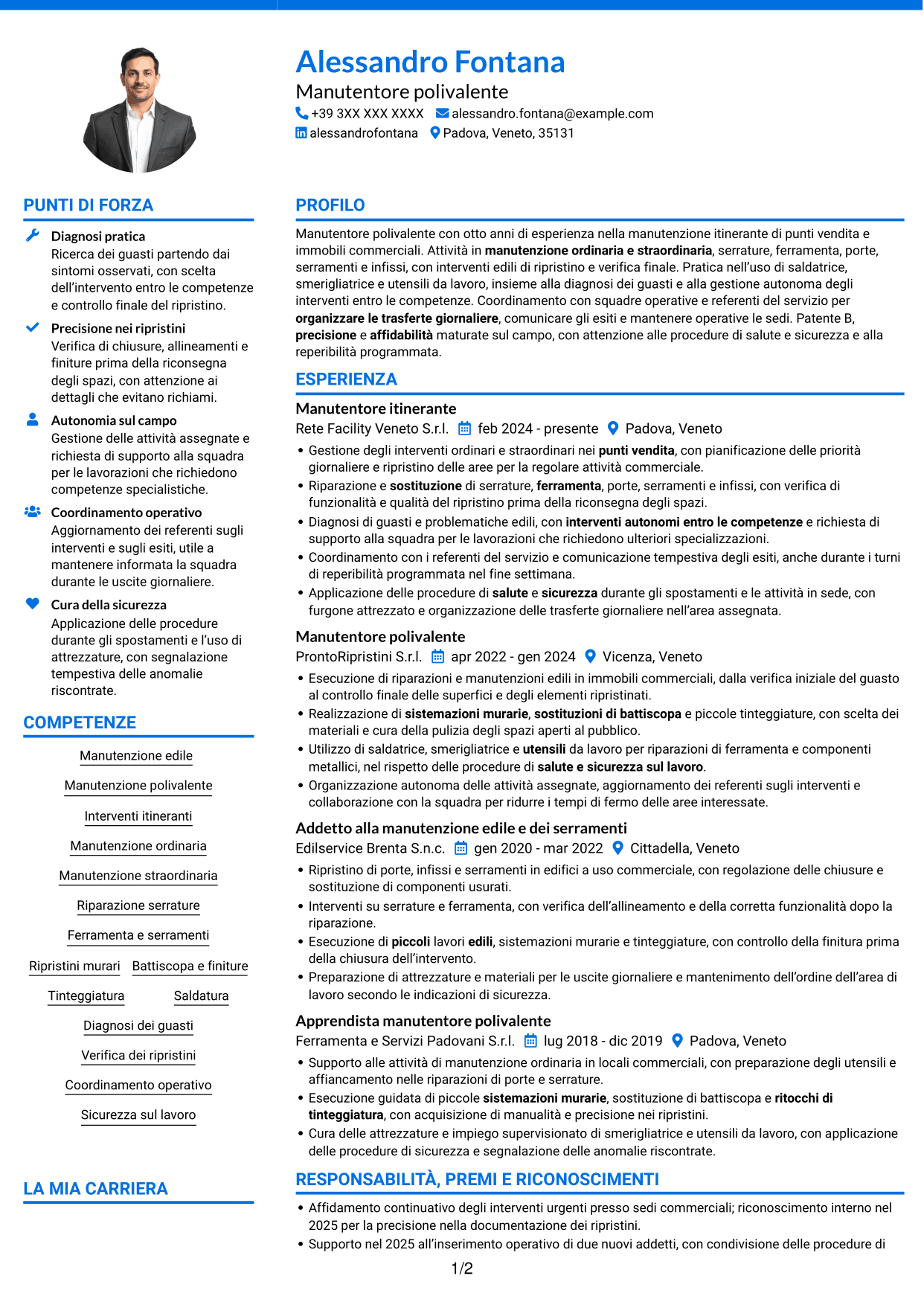 CV Audace (formato a due colonne con accenti colorati e foto): Manutentore Itinerante - Manutenzione edile e serramenti, pagina 1