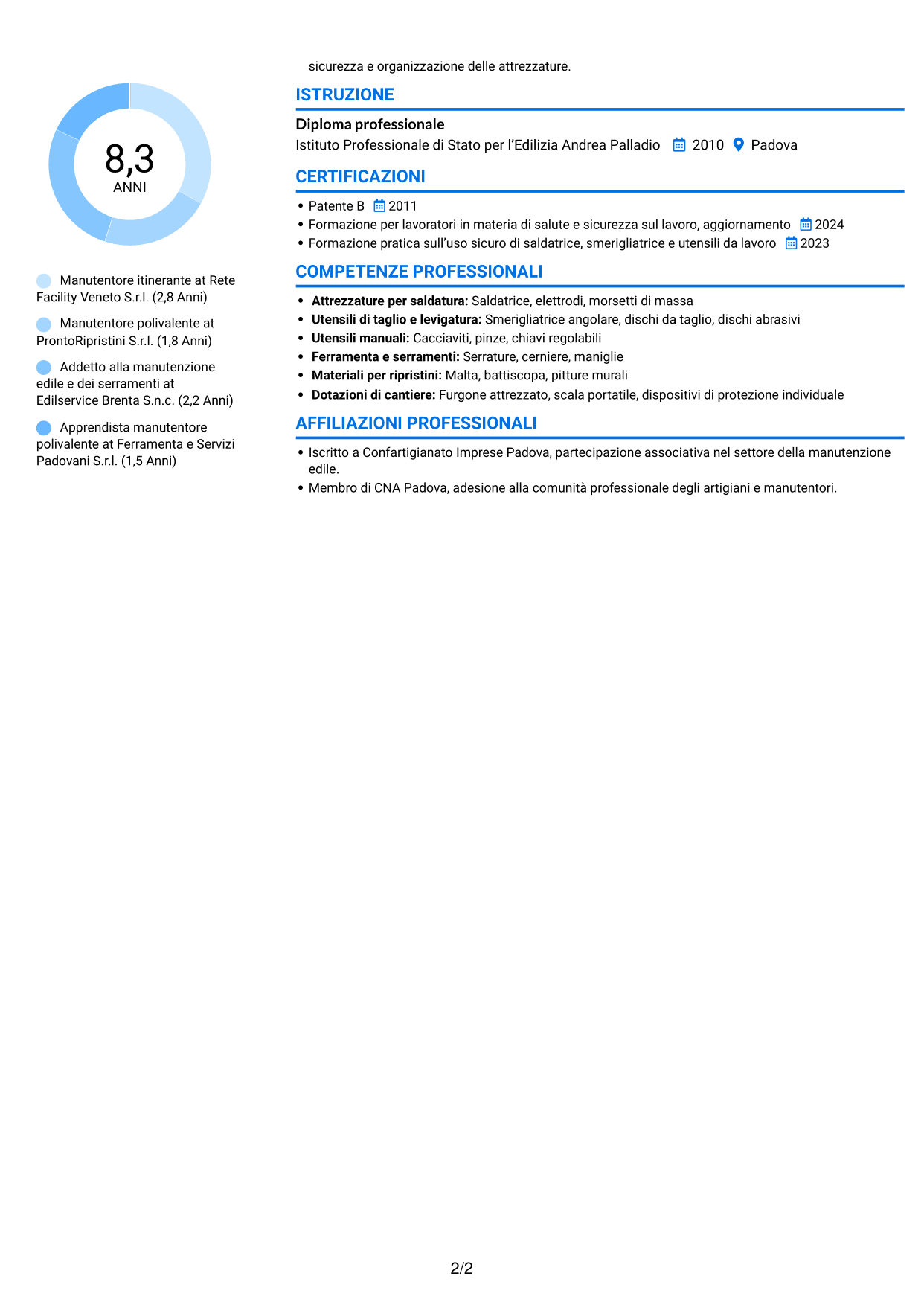 CV Audace (formato a due colonne con accenti colorati e foto): Manutentore Itinerante - Manutenzione edile e serramenti, pagina 2