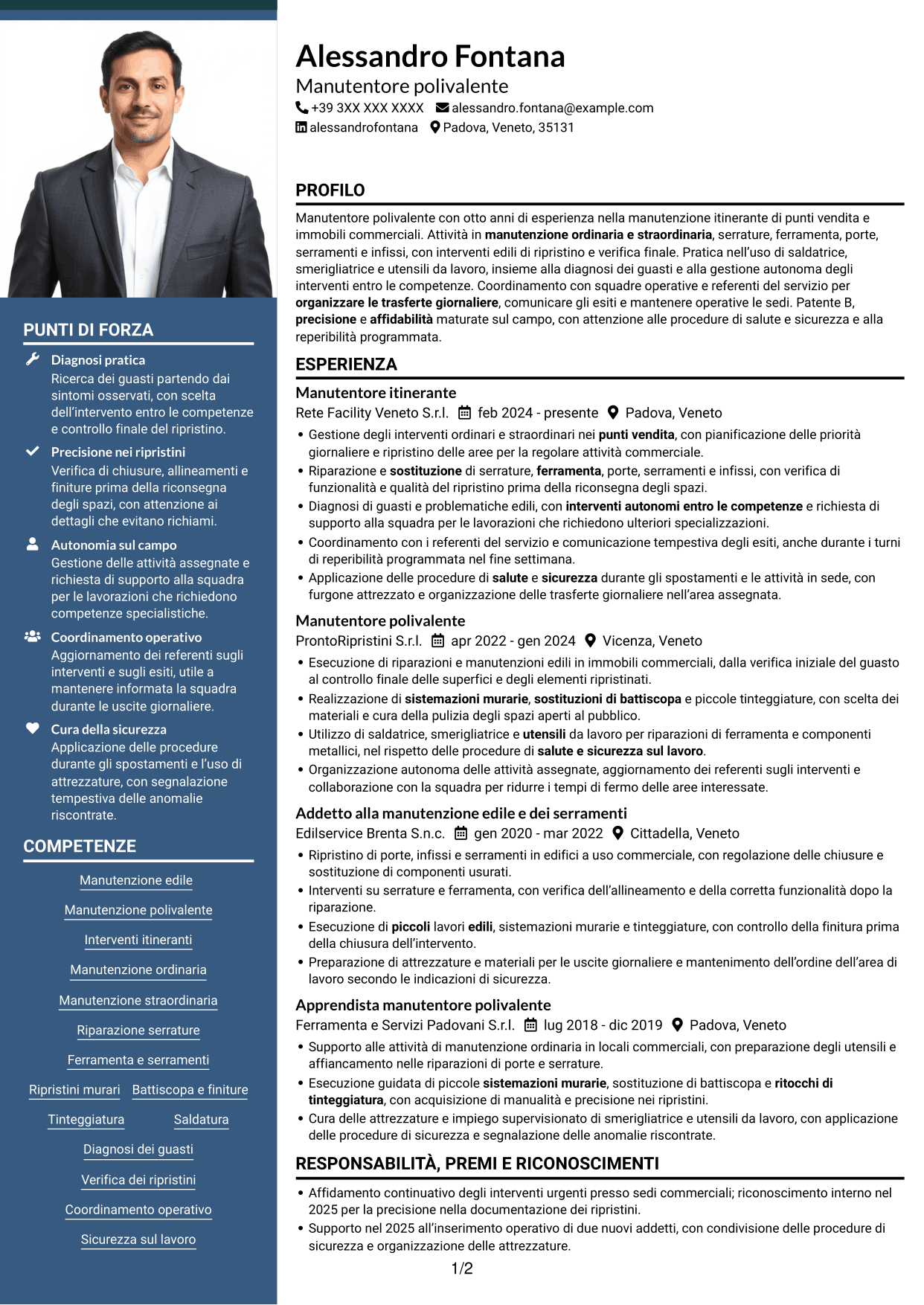 CV Signature (formato con colonna laterale colorata e foto grande): Manutentore Itinerante - Manutenzione edile e serramenti, pagina 1