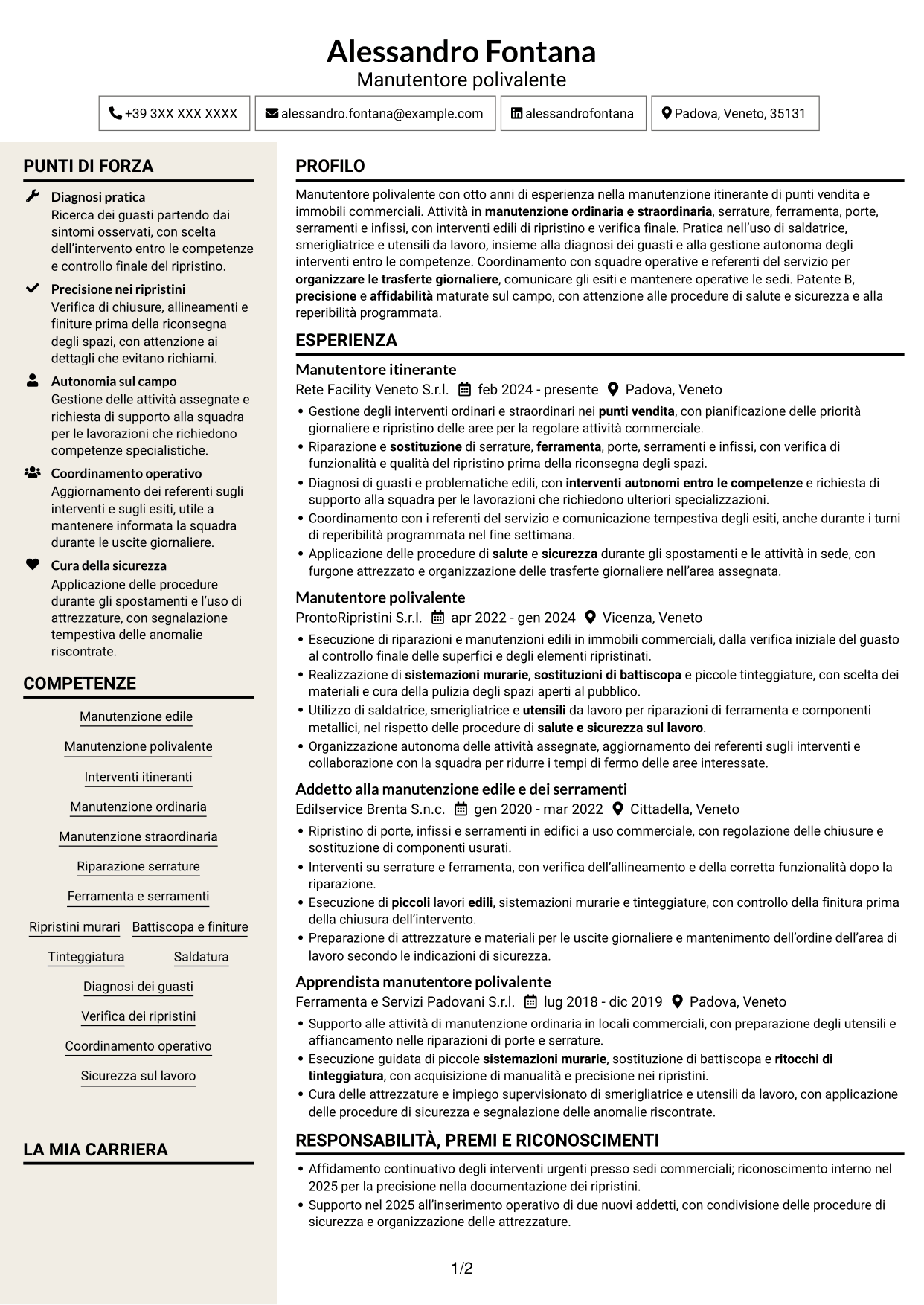 CV Intraprendente (formato a due colonne con intestazione centrata senza foto): Manutentore Itinerante - Manutenzione edile e serramenti, pagina 1