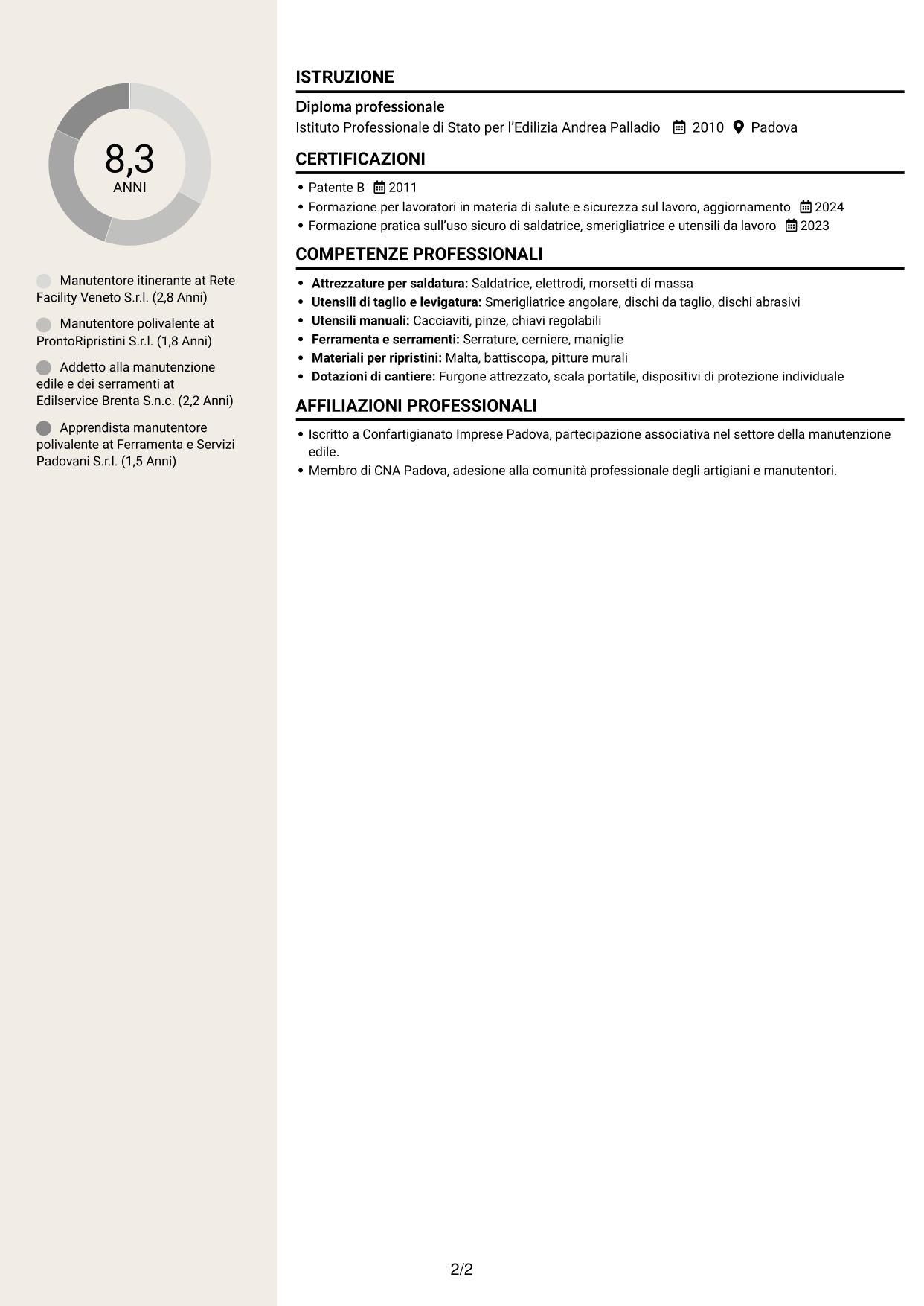 CV Intraprendente (formato a due colonne con intestazione centrata senza foto): Manutentore Itinerante - Manutenzione edile e serramenti, pagina 2