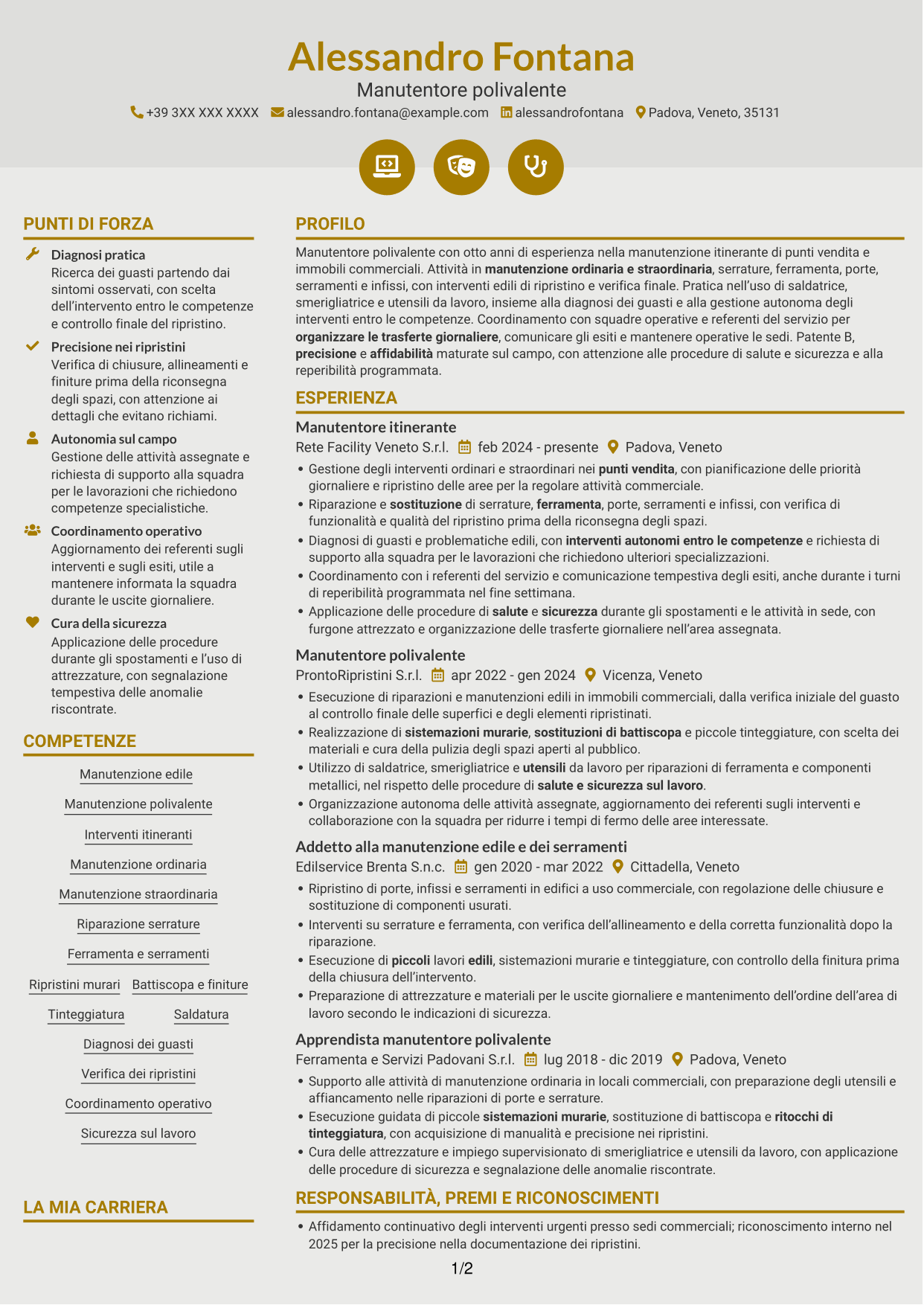 CV Dinamico (formato a due colonne con icone): Manutentore Itinerante - Manutenzione edile e serramenti, pagina 1