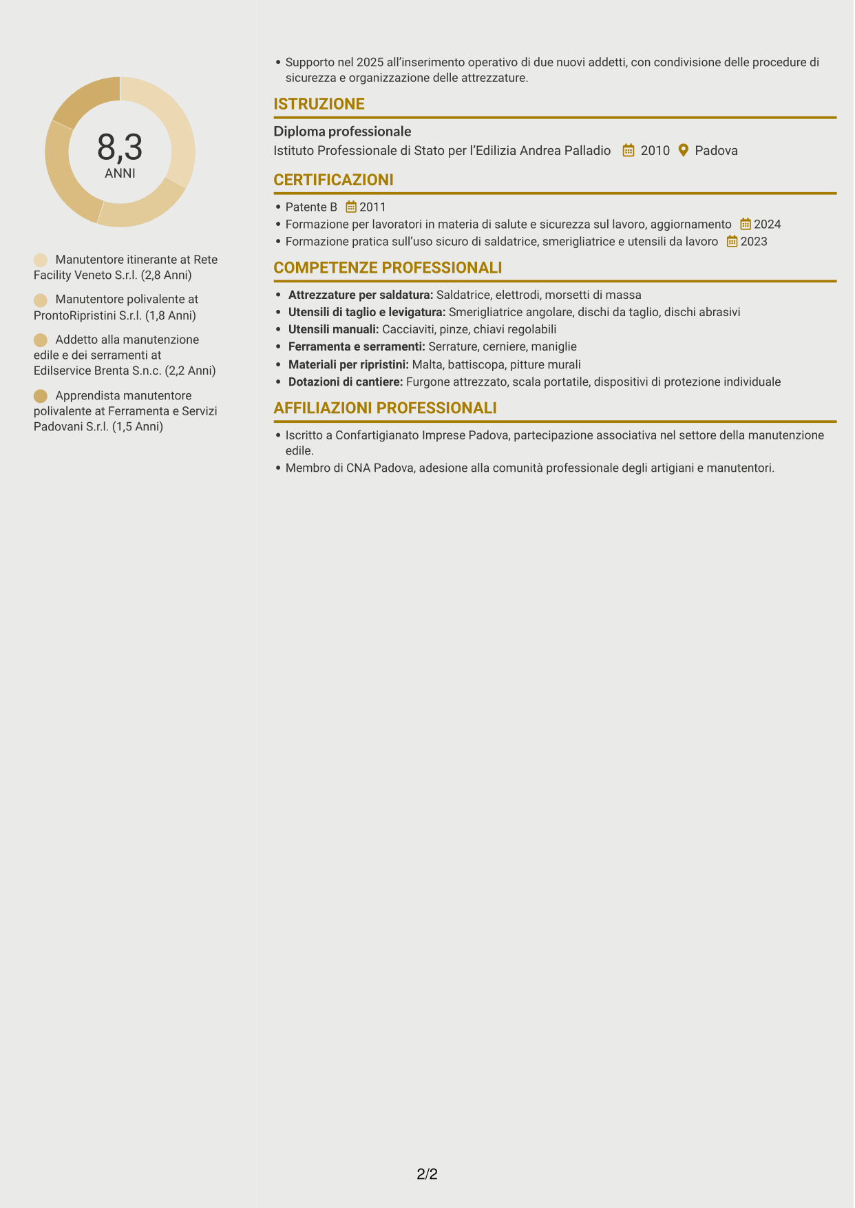 CV Dinamico (formato a due colonne con icone): Manutentore Itinerante - Manutenzione edile e serramenti, pagina 2