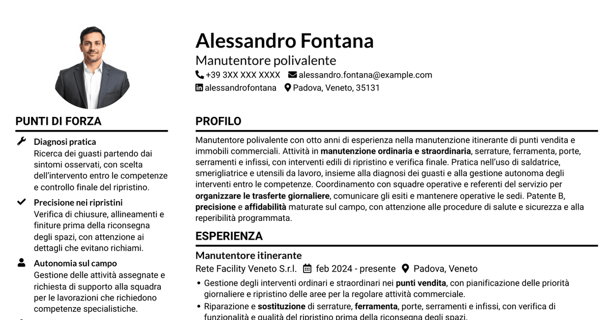 7 modelli di CV per Manutentore Itinerante - Manutenzione edile e serramenti, con esempi