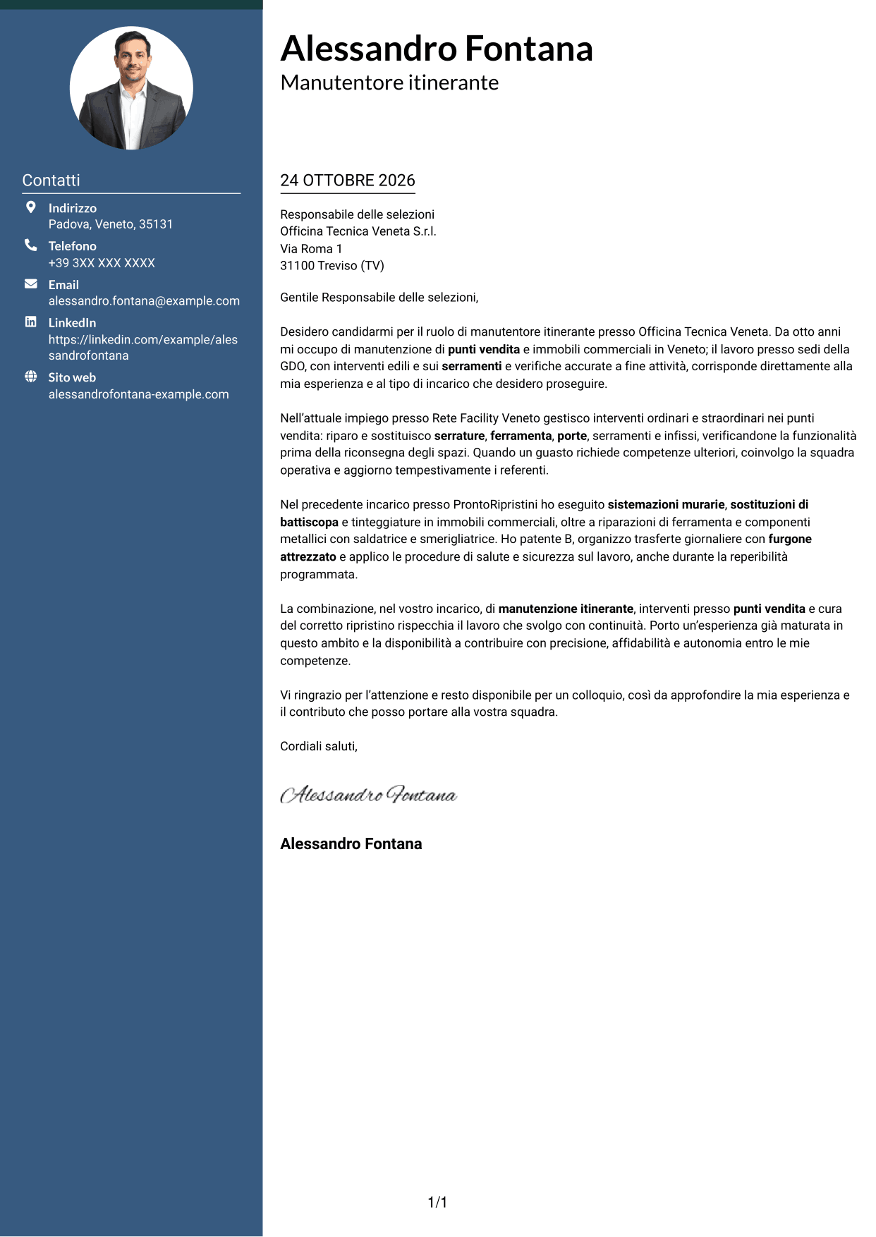 Lettera di presentazione Elegante (formato con colonna laterale colorata e foto): Manutentore Itinerante - Manutenzione edile e serramenti, pagina 1