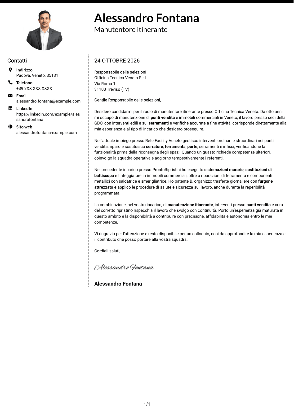 Lettera di presentazione Moderno (formato a due colonne con foto a sinistra e separatore): Manutentore Itinerante - Manutenzione edile e serramenti, pagina 1