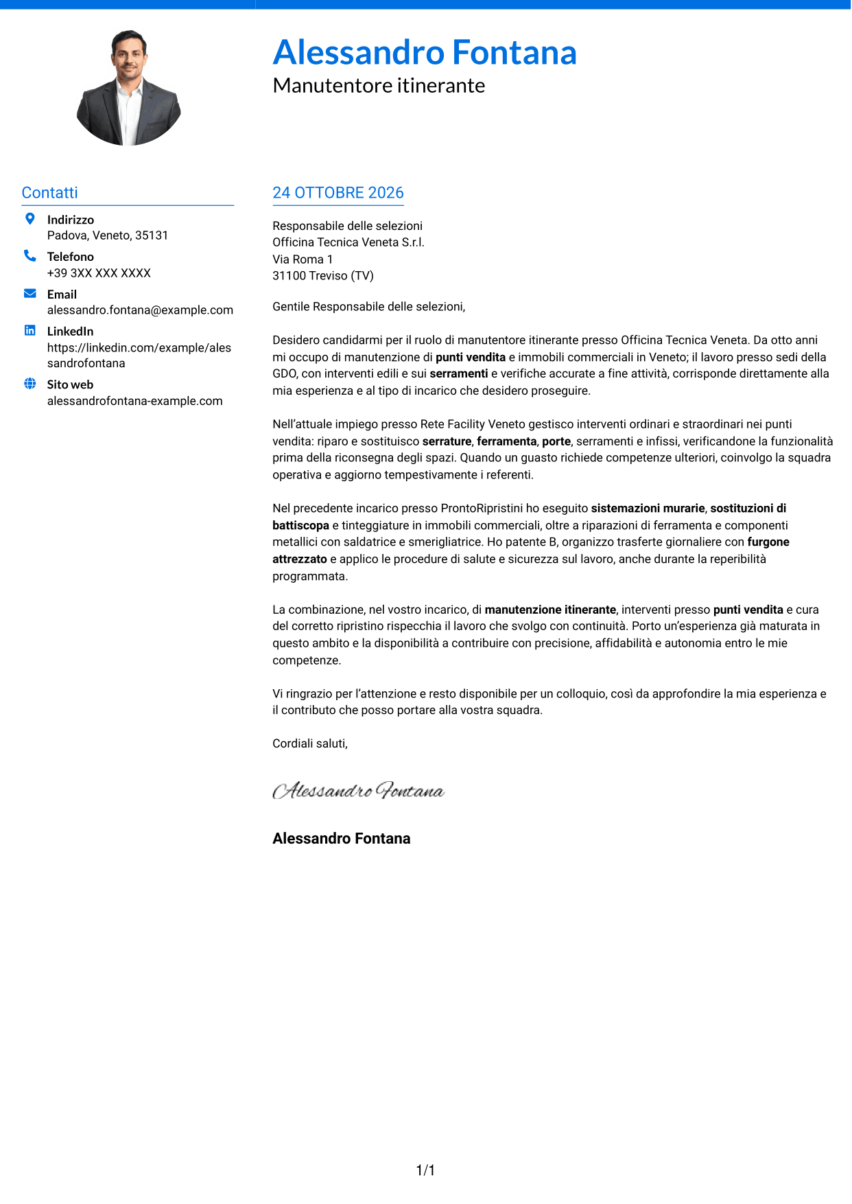Lettera di presentazione Audace (formato a due colonne con accenti colorati e foto): Manutentore Itinerante - Manutenzione edile e serramenti, pagina 1