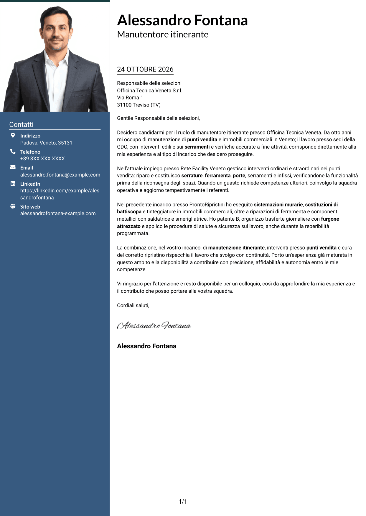 Lettera di presentazione Signature (formato con colonna laterale colorata e foto grande): Manutentore Itinerante - Manutenzione edile e serramenti, pagina 1