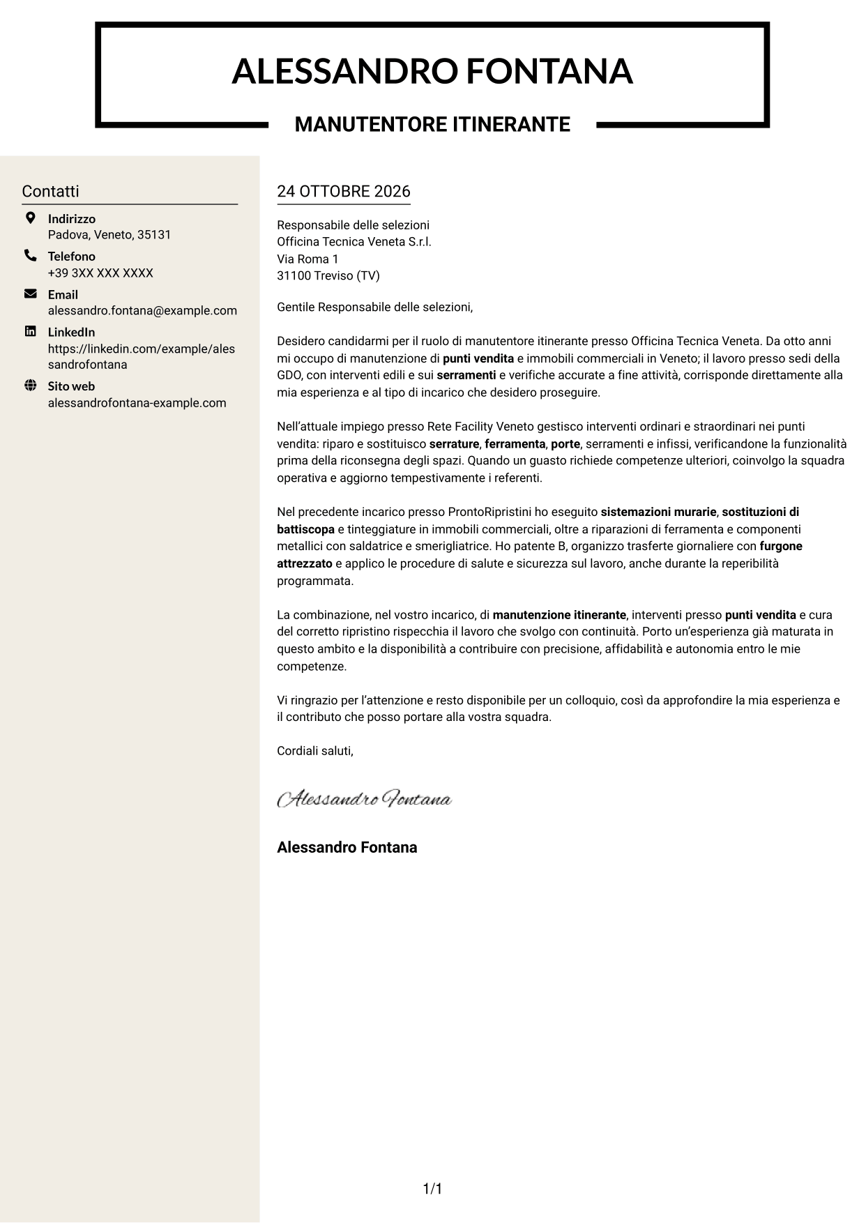 Lettera di presentazione Intraprendente (formato a due colonne con intestazione centrata senza foto): Manutentore Itinerante - Manutenzione edile e serramenti, pagina 1