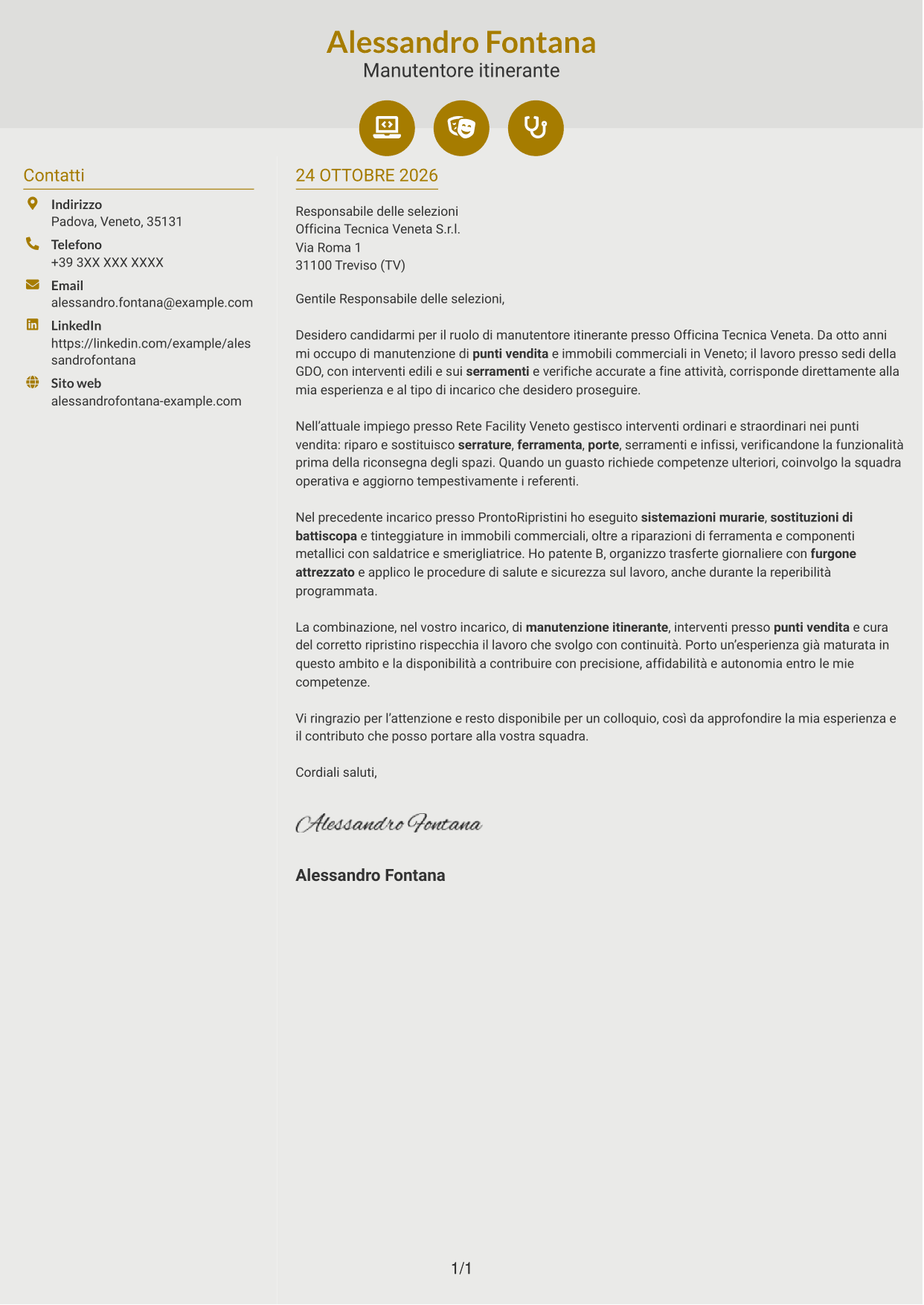 Lettera di presentazione Dinamico (formato a due colonne con icone): Manutentore Itinerante - Manutenzione edile e serramenti, pagina 1