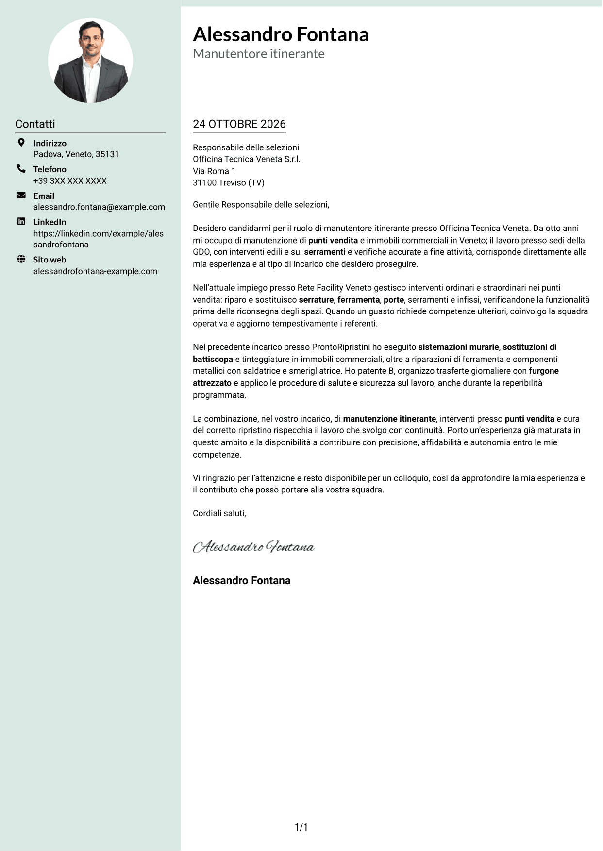 Lettera di presentazione Dirigente (formato con colonna laterale tenue e foto arrotondata): Manutentore Itinerante - Manutenzione edile e serramenti, pagina 1