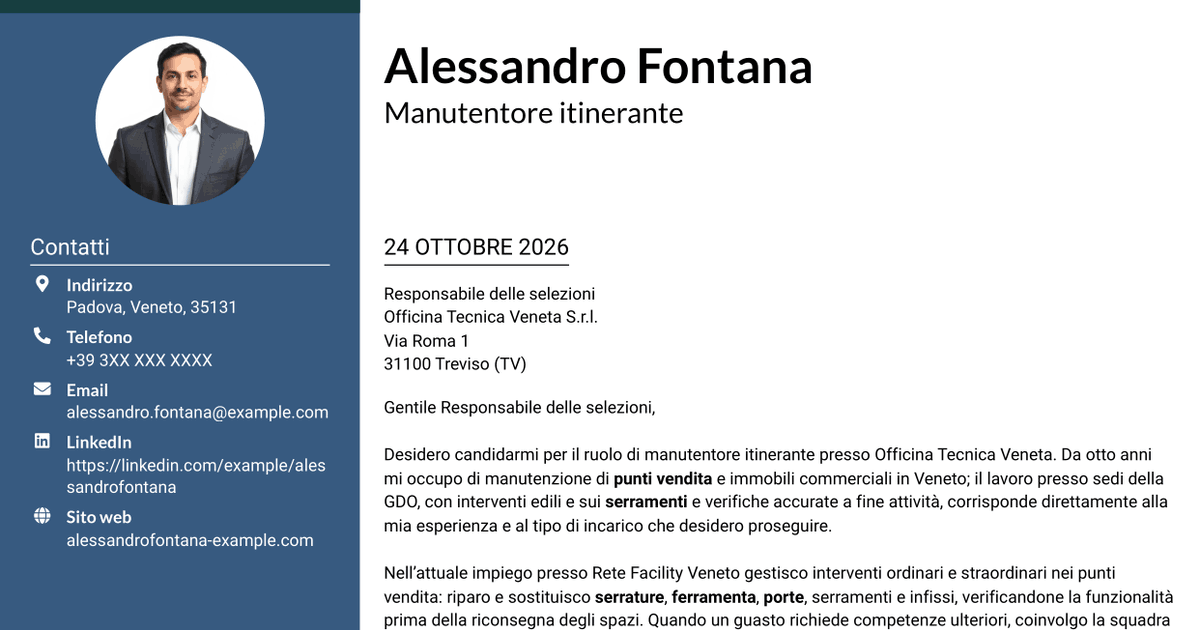 7 modelli di lettera di presentazione per Manutentore Itinerante - Manutenzione edile e serramenti, con esempi
