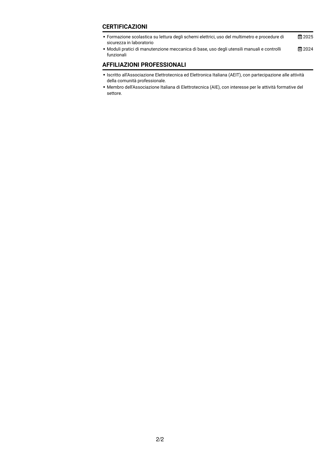 CV Compatto (formato sobrio a due colonne con foto): Manutentore Junior - Manutenzione industriale, pagina 2