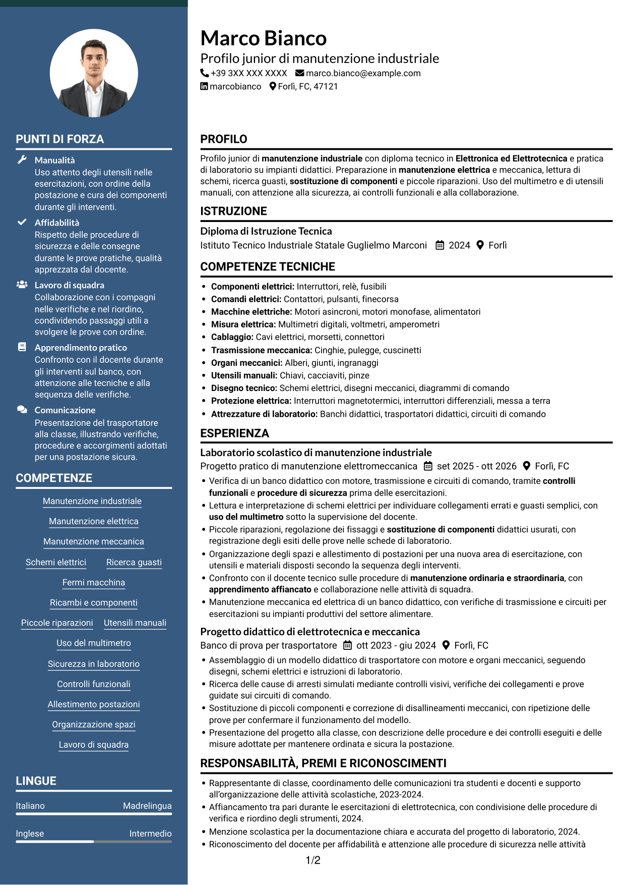 CV Elegante (formato con colonna laterale colorata e foto): Manutentore Junior - Manutenzione industriale, pagina 1
