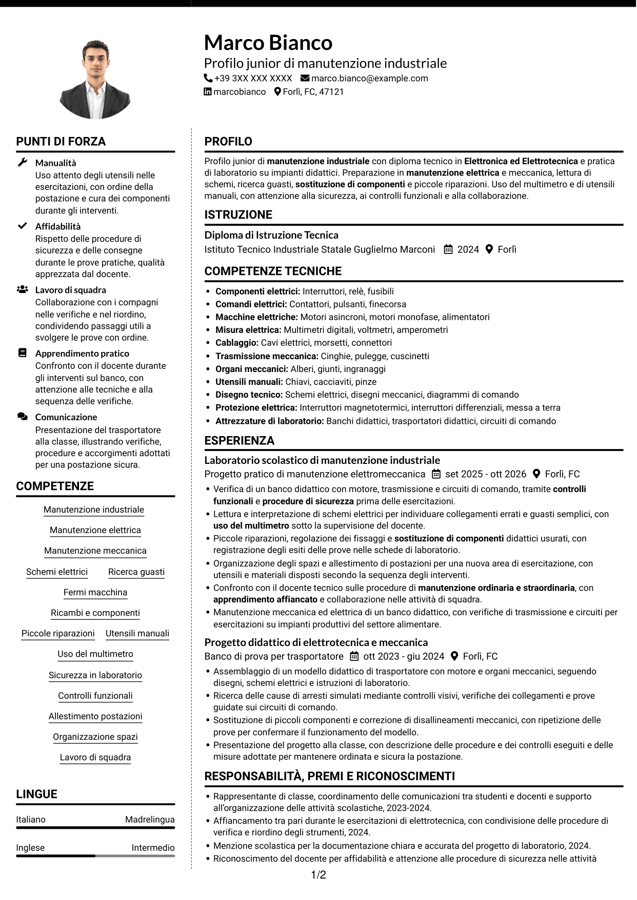 CV Moderno (formato a due colonne con foto a sinistra e separatore): Manutentore Junior - Manutenzione industriale, pagina 1