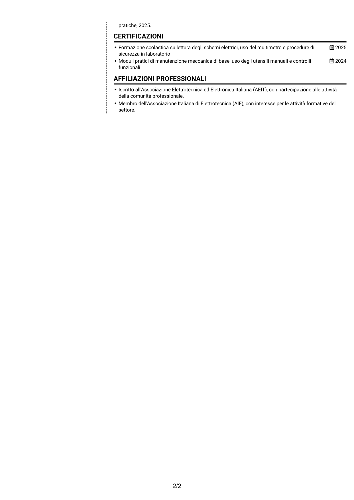 CV Moderno (formato a due colonne con foto a sinistra e separatore): Manutentore Junior - Manutenzione industriale, pagina 2