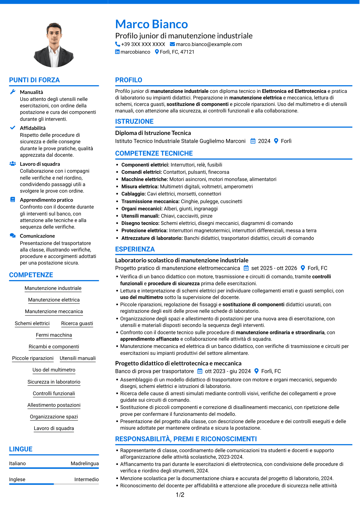 CV Audace (formato a due colonne con accenti colorati e foto): Manutentore Junior - Manutenzione industriale, pagina 1
