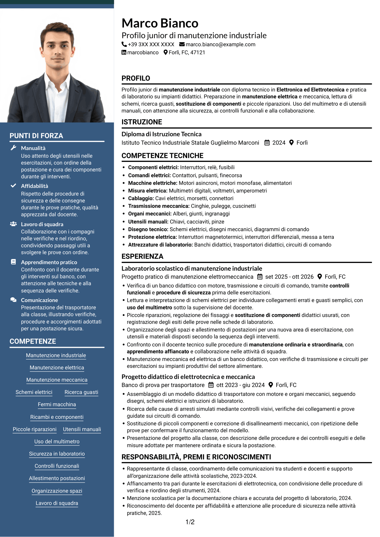 CV Signature (formato con colonna laterale colorata e foto grande): Manutentore Junior - Manutenzione industriale, pagina 1