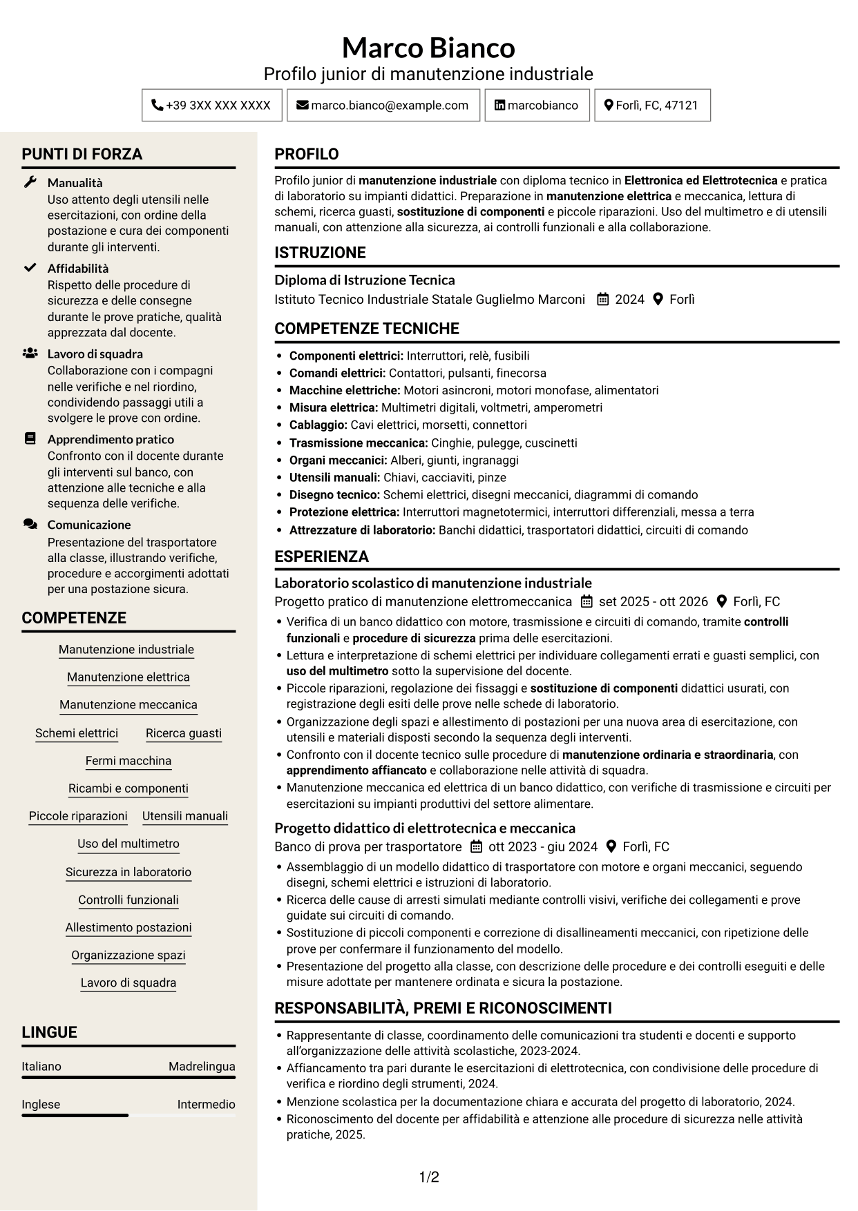 CV Intraprendente (formato a due colonne con intestazione centrata senza foto): Manutentore Junior - Manutenzione industriale, pagina 1