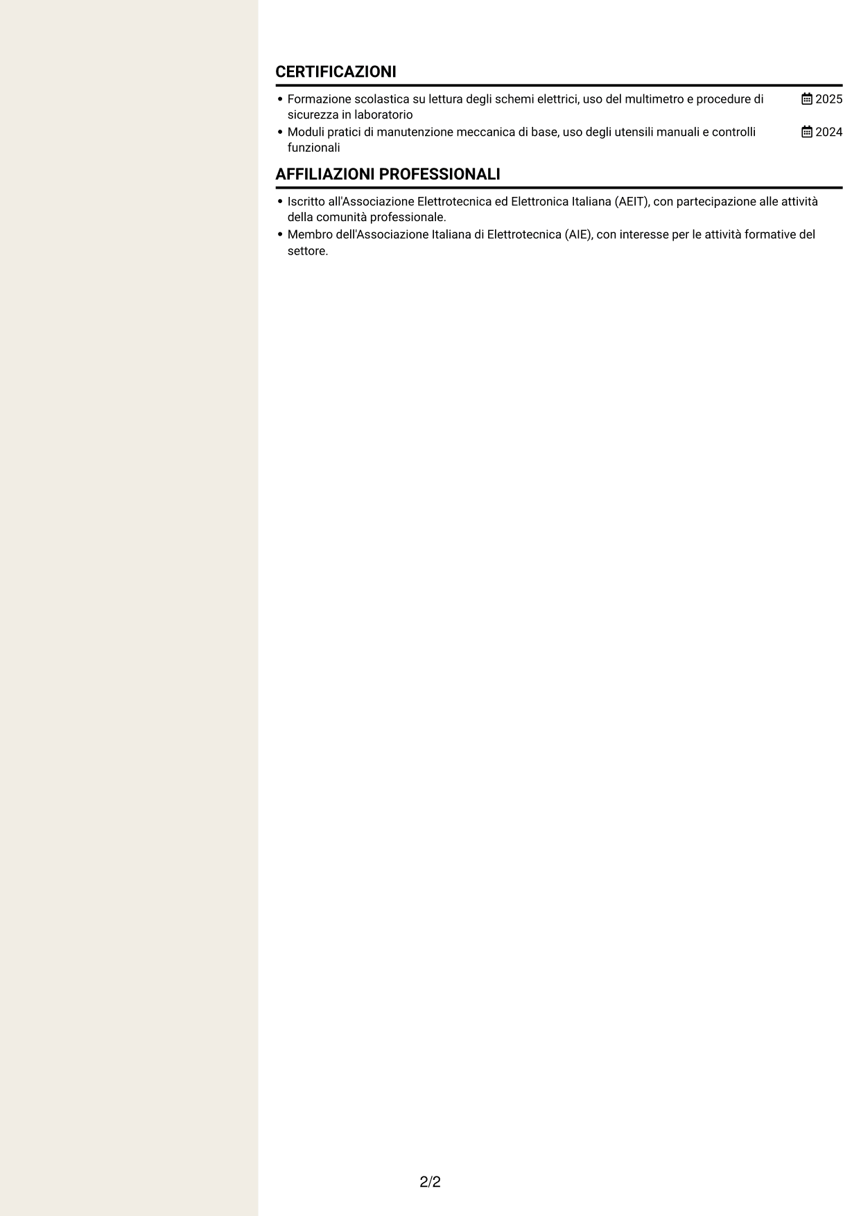 CV Intraprendente (formato a due colonne con intestazione centrata senza foto): Manutentore Junior - Manutenzione industriale, pagina 2