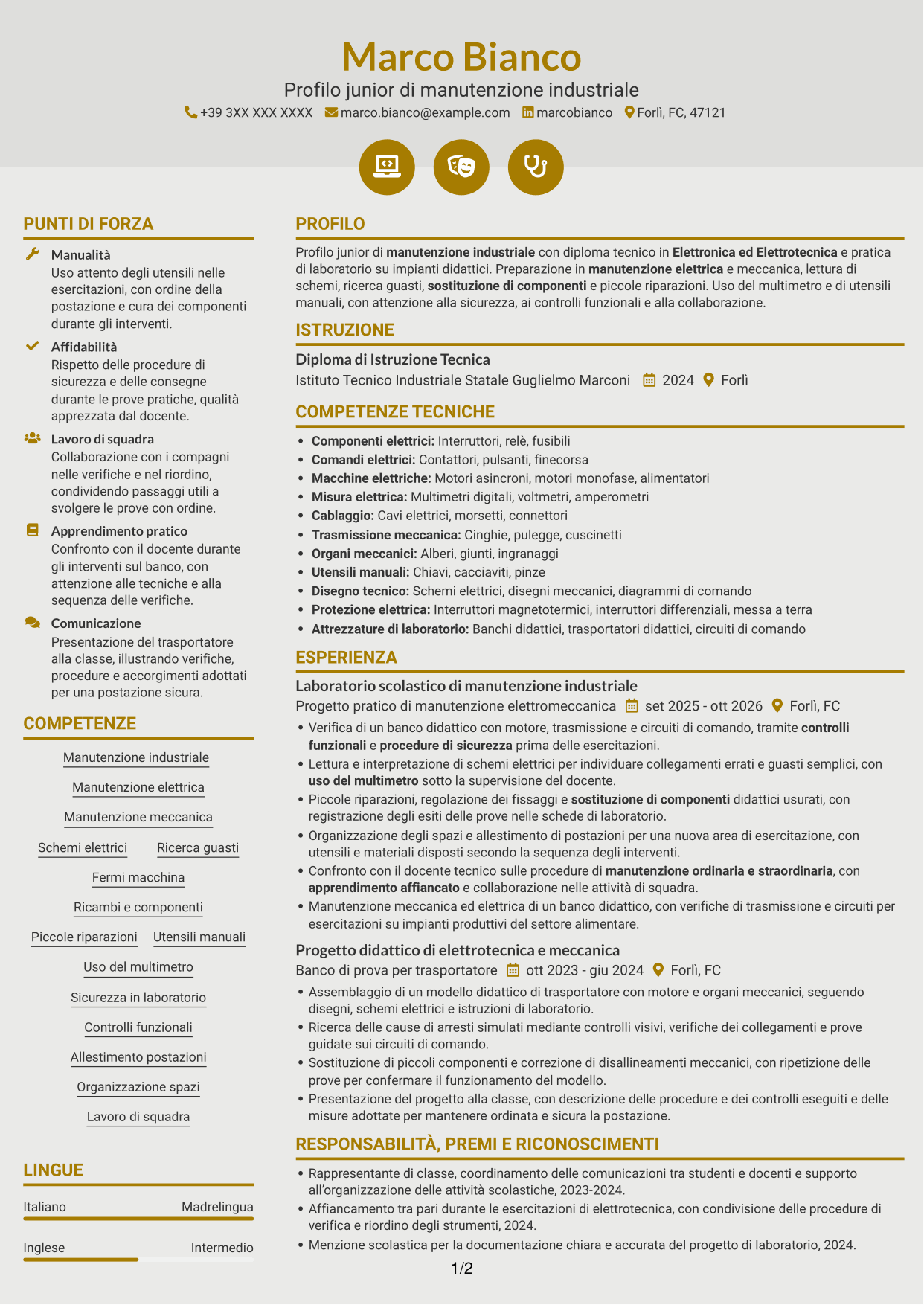 CV Dinamico (formato a due colonne con icone): Manutentore Junior - Manutenzione industriale, pagina 1