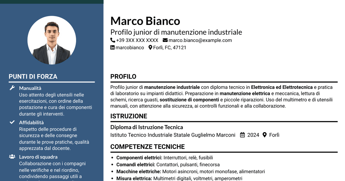 7 modelli di CV per Manutentore Junior - Manutenzione industriale, con esempi