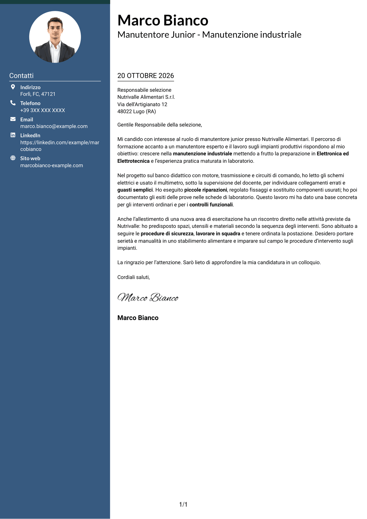 Lettera di presentazione Elegante (formato con colonna laterale colorata e foto): Manutentore Junior - Manutenzione industriale, pagina 1