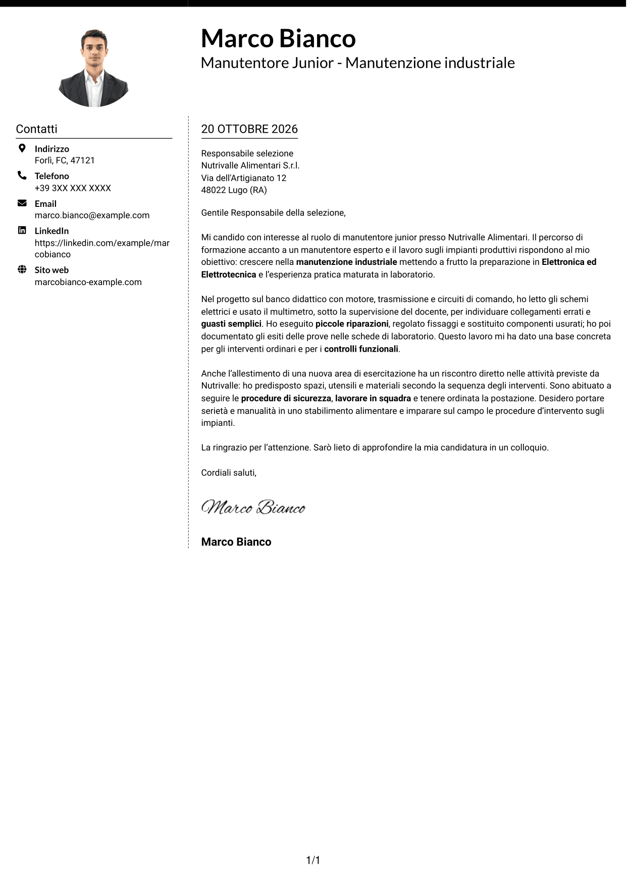 Lettera di presentazione Moderno (formato a due colonne con foto a sinistra e separatore): Manutentore Junior - Manutenzione industriale, pagina 1