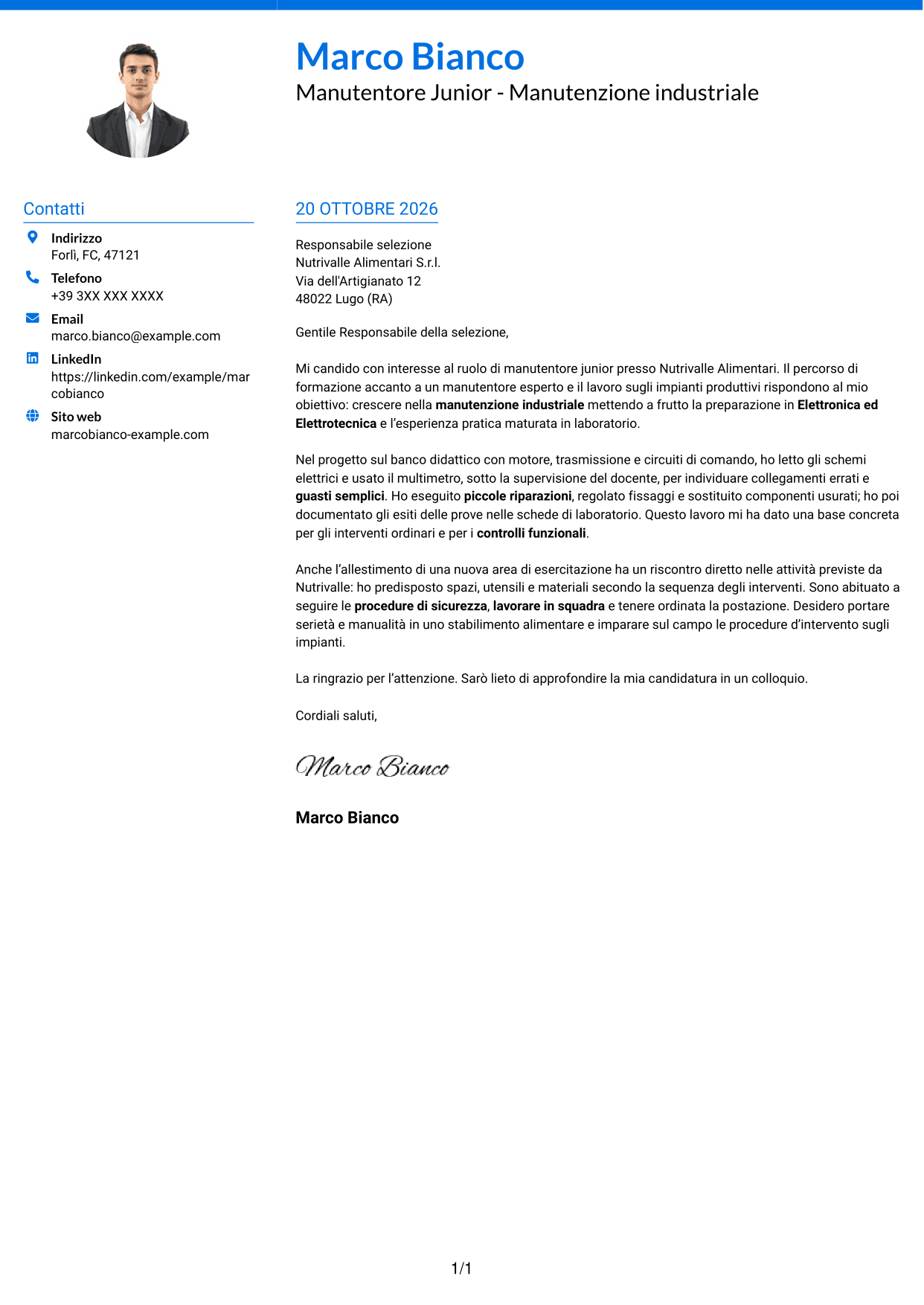Lettera di presentazione Audace (formato a due colonne con accenti colorati e foto): Manutentore Junior - Manutenzione industriale, pagina 1