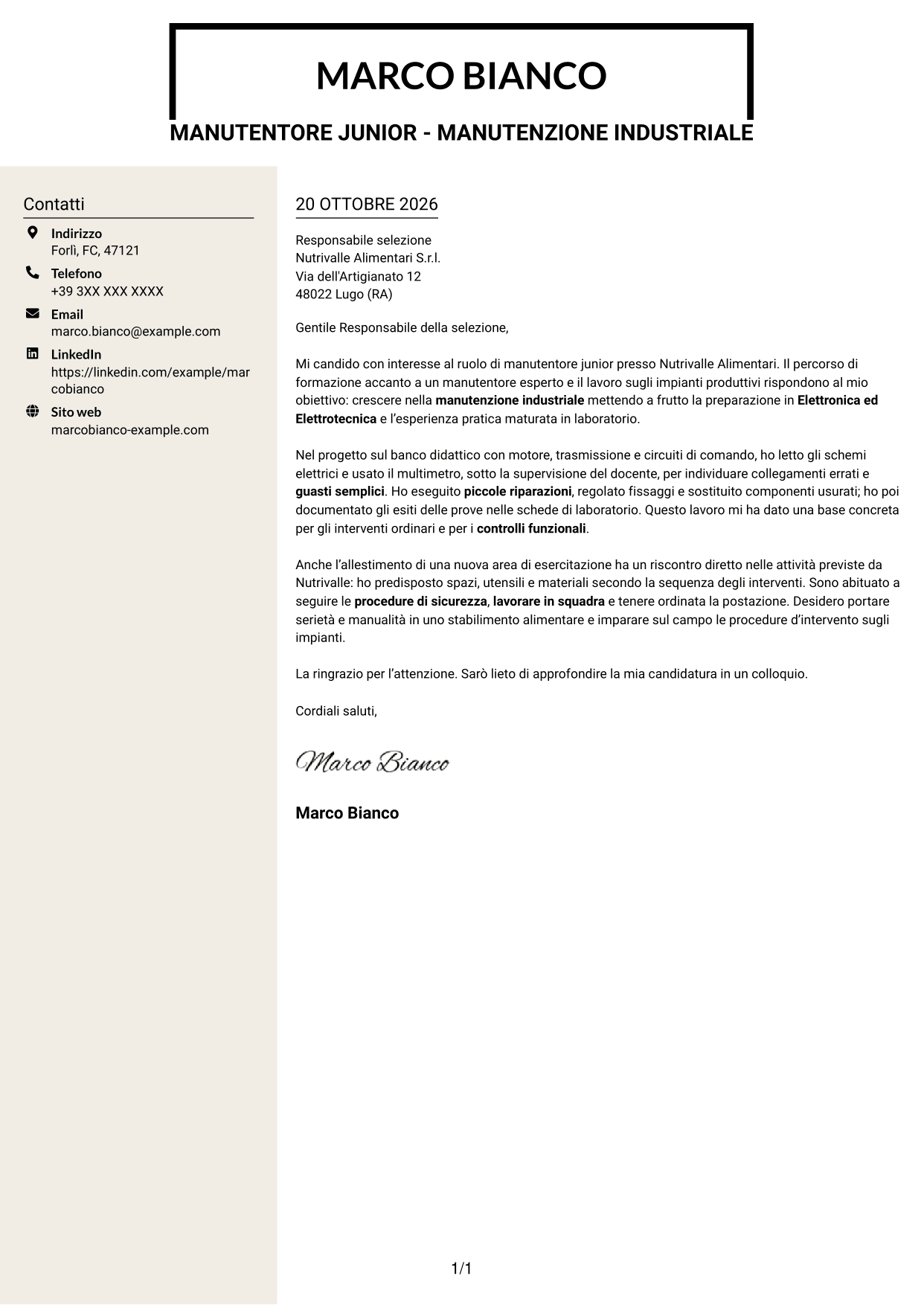 Lettera di presentazione Intraprendente (formato a due colonne con intestazione centrata senza foto): Manutentore Junior - Manutenzione industriale, pagina 1