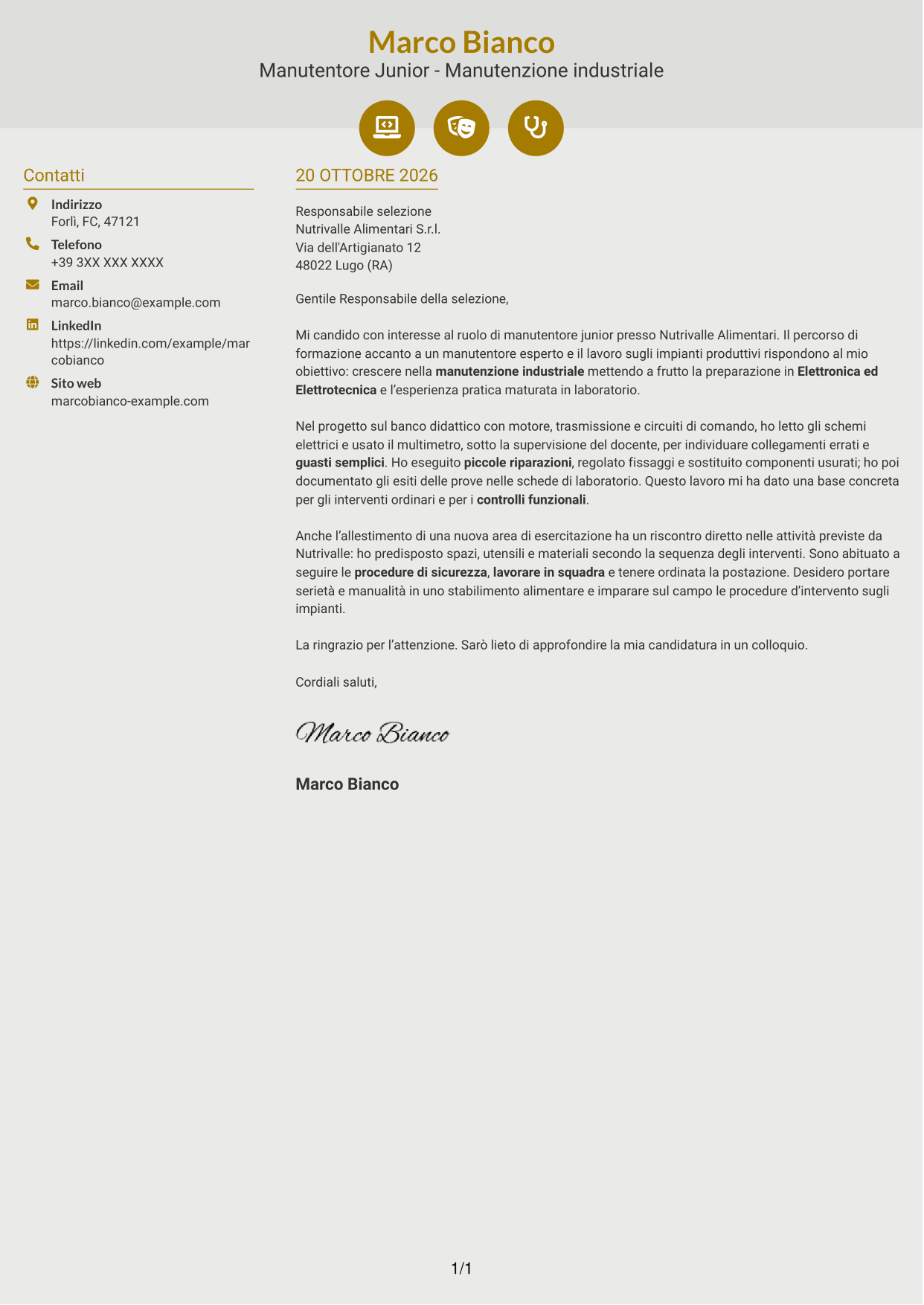 Lettera di presentazione Dinamico (formato a due colonne con icone): Manutentore Junior - Manutenzione industriale, pagina 1