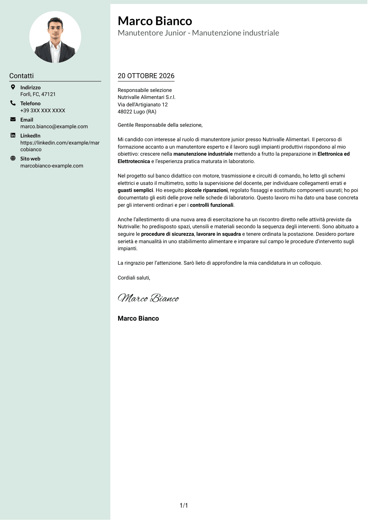 Lettera di presentazione Dirigente (formato con colonna laterale tenue e foto arrotondata): Manutentore Junior - Manutenzione industriale, pagina 1