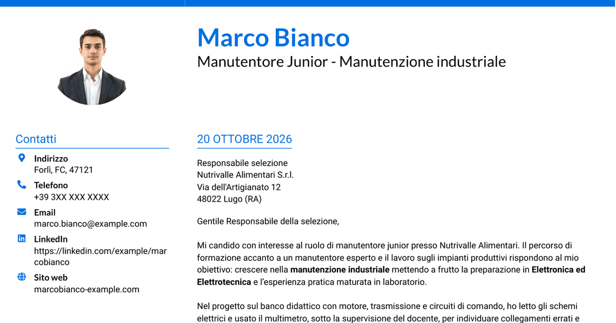 7 modelli di lettera di presentazione per Manutentore Junior - Manutenzione industriale, con esempi